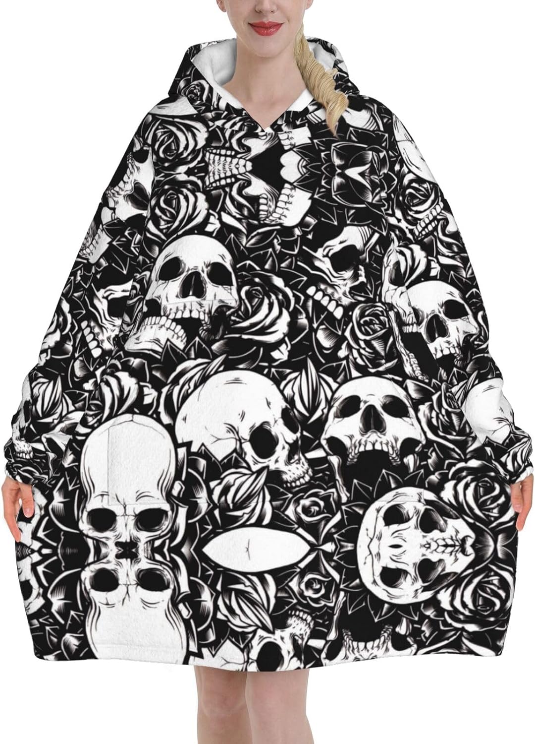 MUSM Skull Print Blanket Hoodie Fleece Sweatshirt Blanket With Sleeves And Pockets