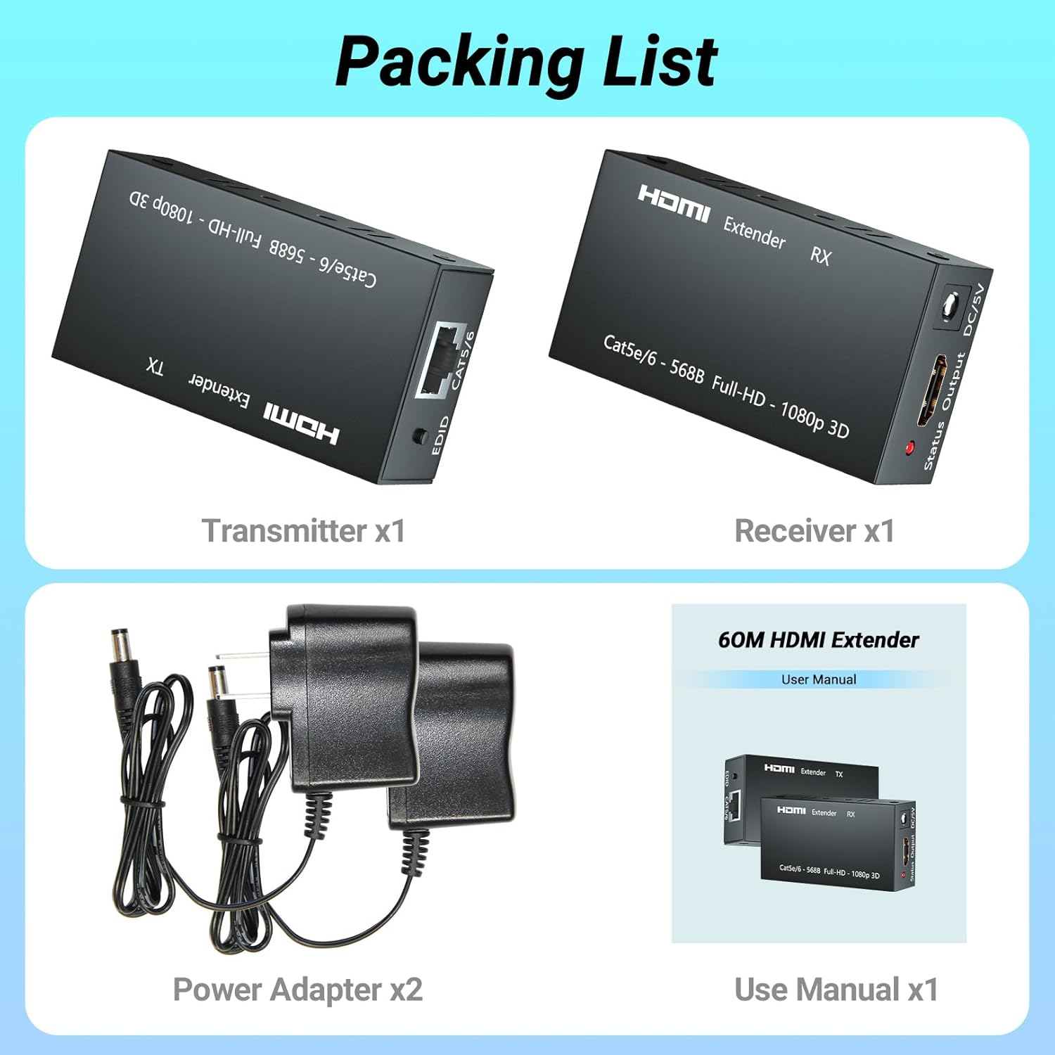 HDMI Extender Up to 60 Meters(196ft), Transmitter and Receiver Over Ethernet LAN, HDMI to Ethernet Repeater