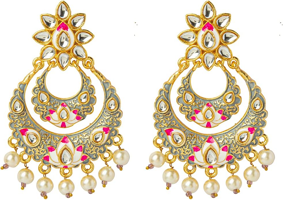 Bodha Traditional Indian Handcrafted Gold Plated Designer Traditional Ethnic Meenakari Kundan Chandbali Earrings Women