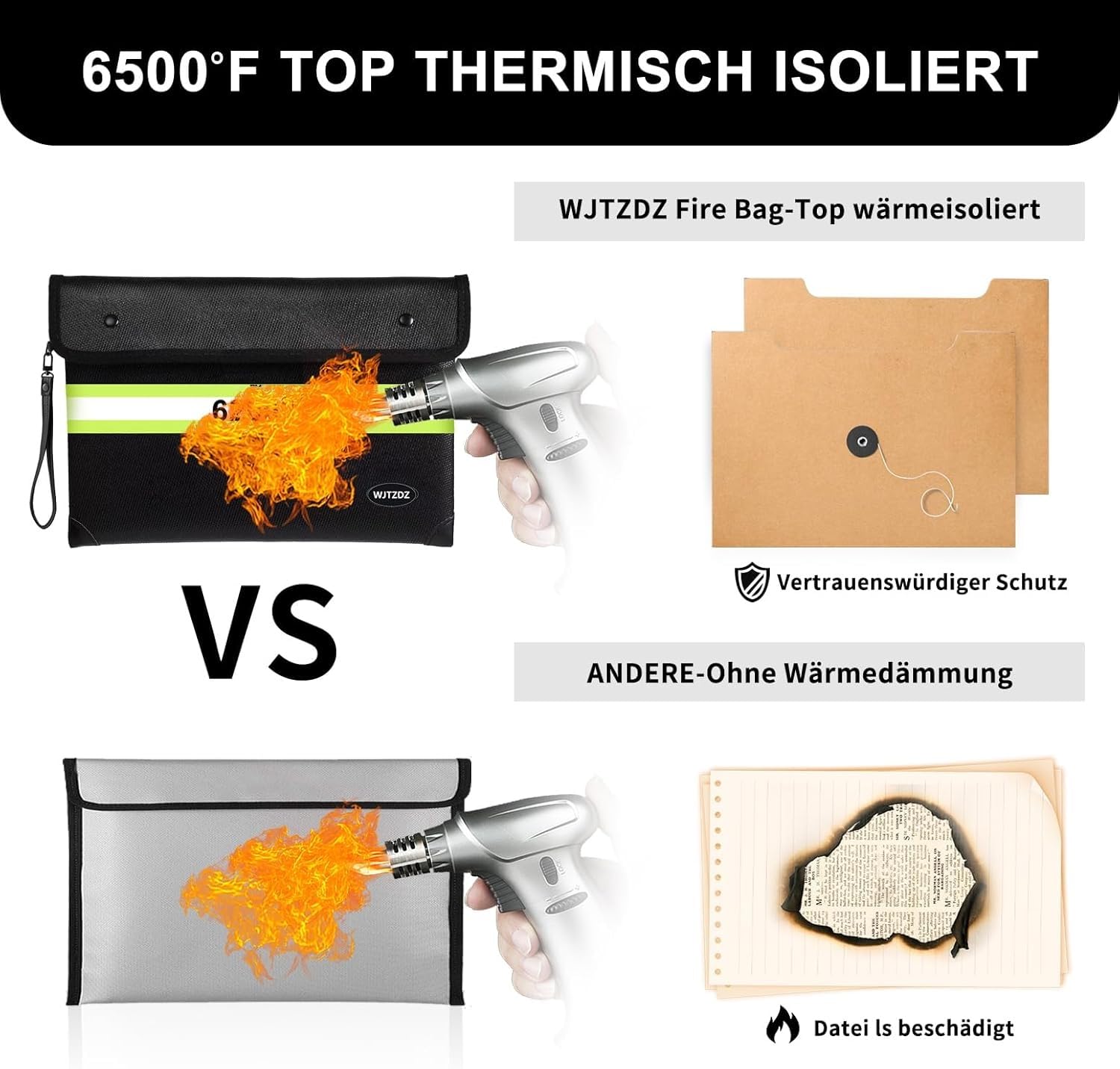 6500 °F Verbesserter Feuerfester Geldbeutel mit Wasserdichtem Reißverschluss für Bargeld,10 Schichten Wärmeisoliertes Material/Reflexstreifen,Feuerfester Beutel mit Griff für Wichtige Dokumente
