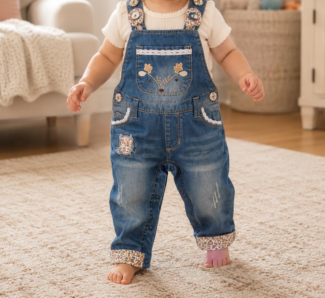 KIDSCOOL Baby Denim Overalls Toddler Kids Embroidered Washed Jean Romper | baby girls denim overalls, toddler embroidered floral jean jumpsuits, lace trim cuffed dungarees, size 9m to 5t outfit