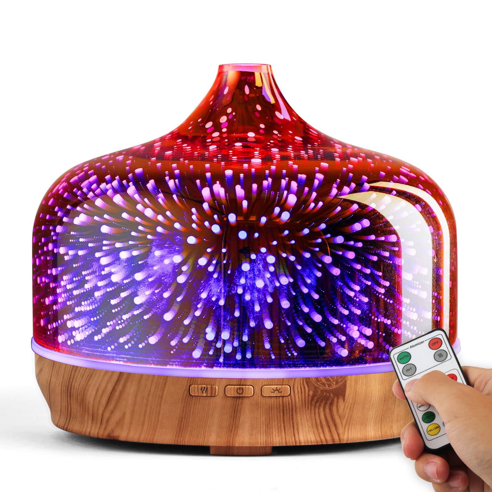 Porseme Diffusore di aromi in vetro con telecomando, effetto 3D, soffiato a mano, per fuochi d'artificio, umidificatore ad ultrasuoni, per oli essenziali, silenzioso, 7 colori, luce a LED, per casa
