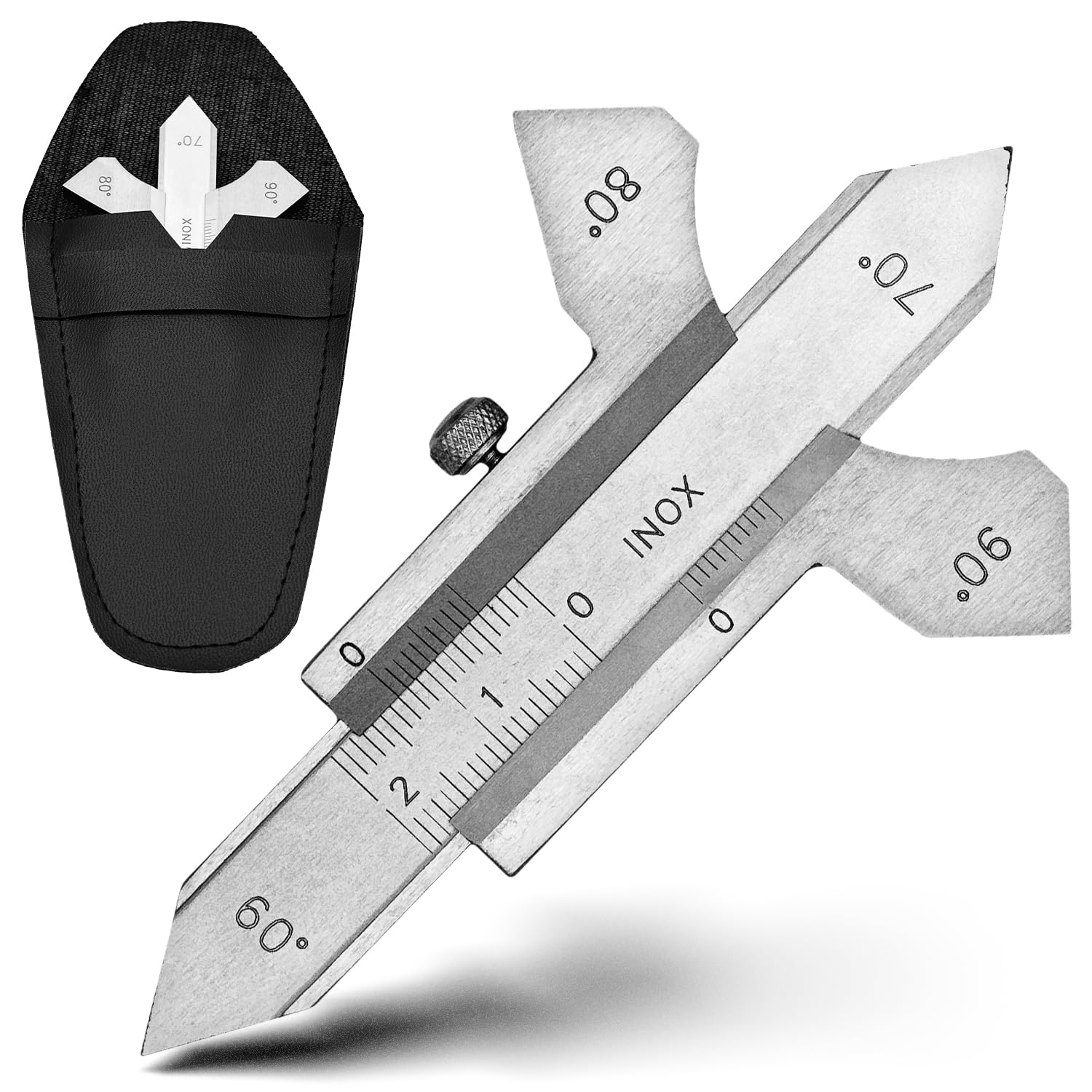 MIB Schweißnahtlehre in Präzisionsausführung, rostfrei & mattverchromt | Messgerät | Messlehre Flachschweißnähte & Ecken | Handwerkzeug | Messbereich 0-20mm | 60°, 70°, 80°, 90° Winkel | inkl. Etui