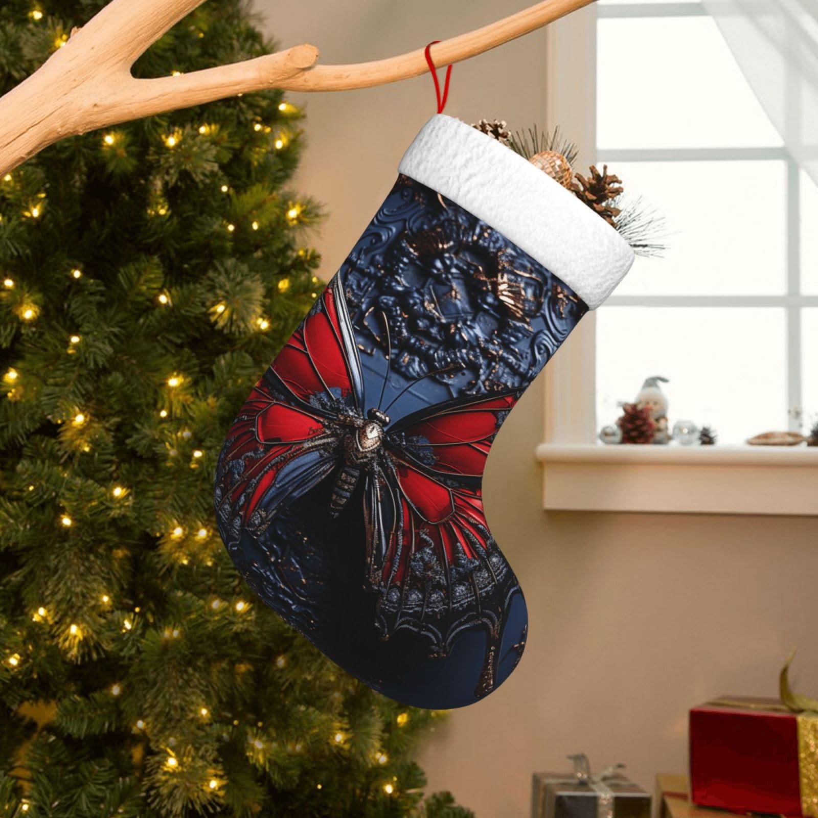 Velvet Christmas Stockings 17.7 Inch, Red Butterfly Xmas Stocking with Soft Cuff,Classic Personalized Christmas Tree Decoration for Family Holiday New Year Party Supplies