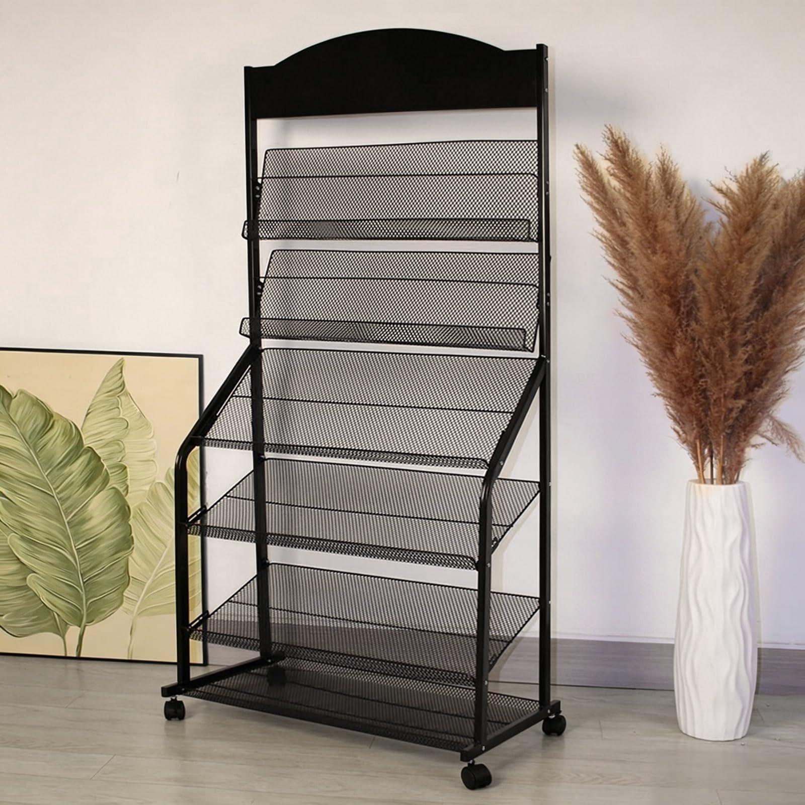 Cjwkxqol Black Floor Standing Metal Mesh Magazine Rack With Wheels,Brochure Display Holder With Top Billboard For Office Hospital Mall Exhibition(Black)