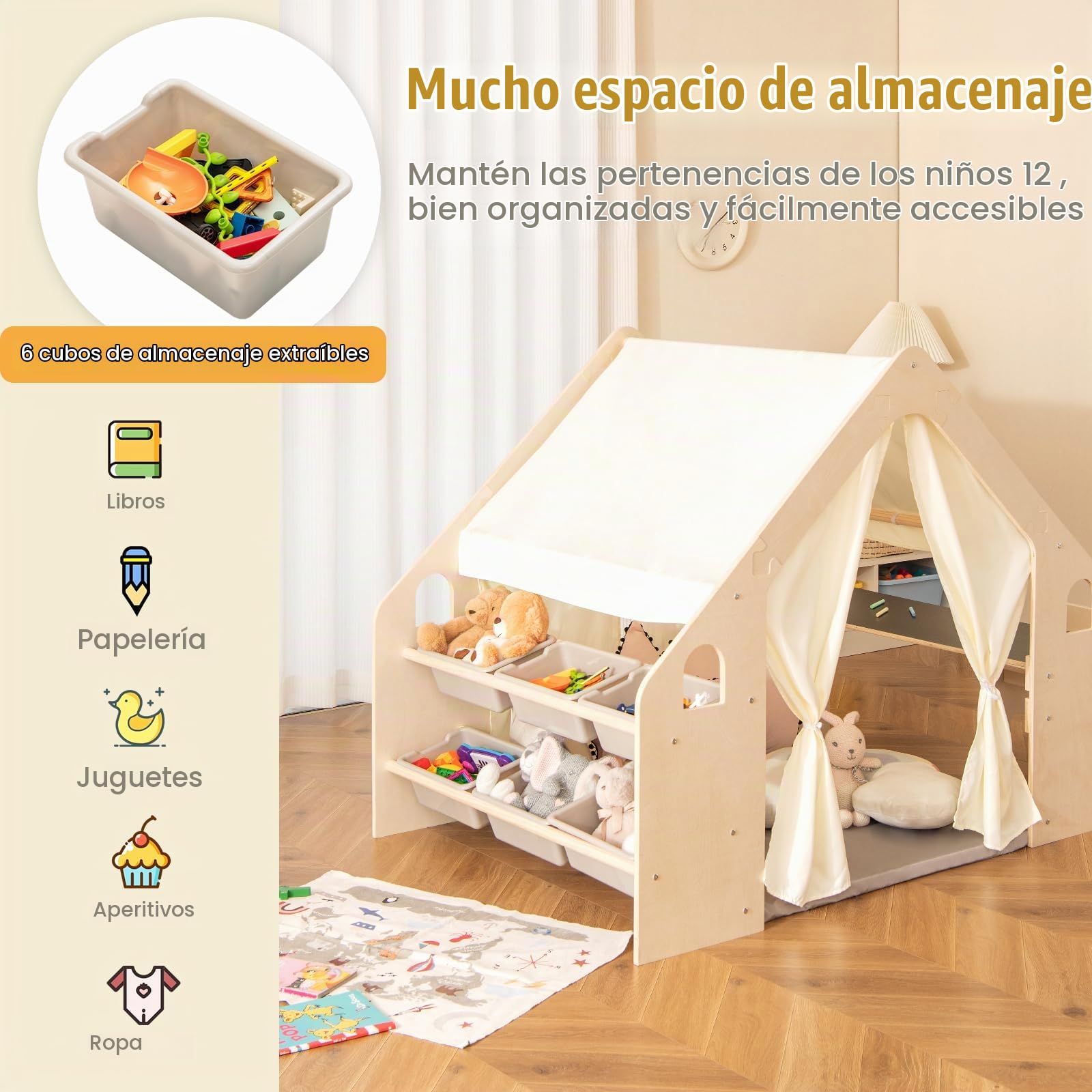 HOMASIS 5 en 1 Tienda de Campaña Infantil con Mesa y Silla, Tipi Infantil con Alfombrilla y Pizarra y Caja de Almacenamiento y Caja de tizas, para Niños de 2-6 Años (con 6 Caja)