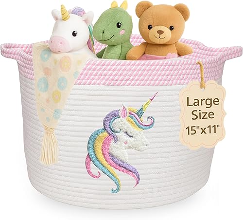 Cesta de almacenamiento de unicornio para guardería, cubo grande de cuerda de algodón de 15 x 11 pulgadas con parche de animales de fieltro suave,