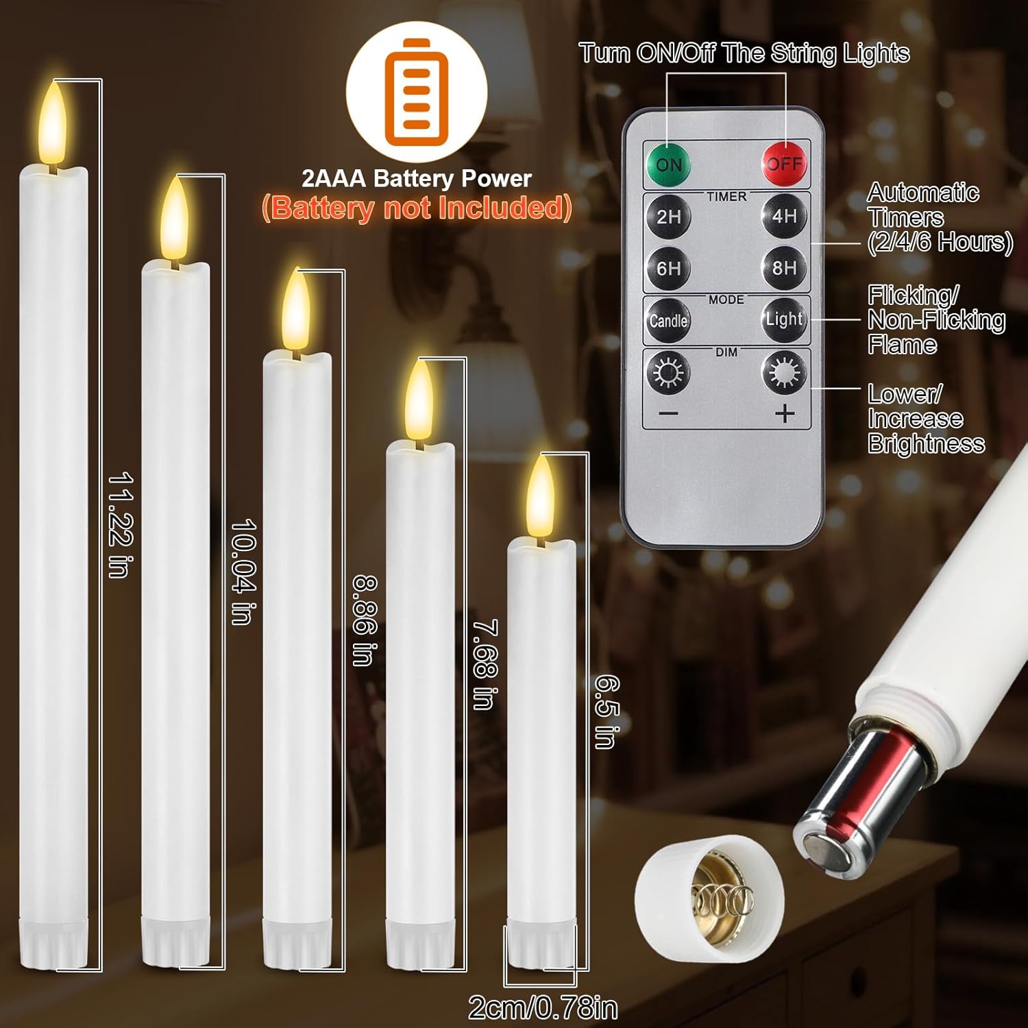 20 Pcs Flameless Taper Candles with Remote Battery Operated Taper Candles Include 6.5'' 7.7 8.9 10 11.2 Fake LED Electric Candle Sticks for Valentine's Day Home Wedding Decor (White)