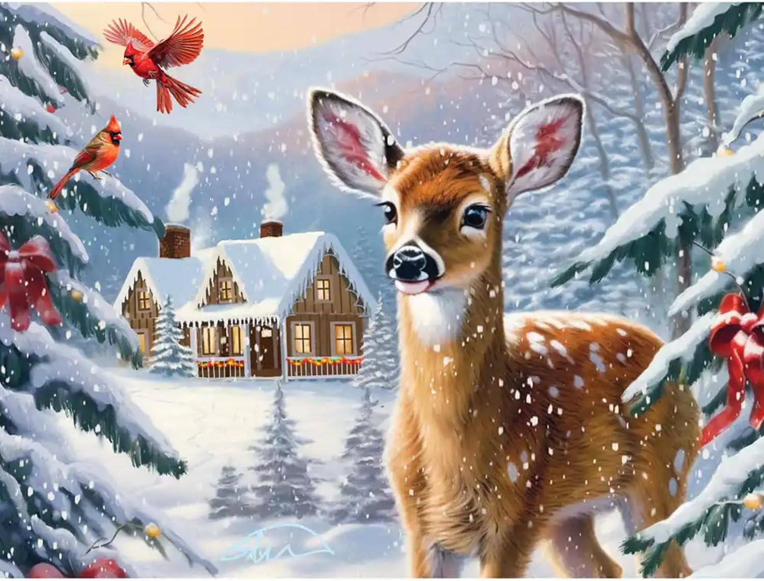 Bits and Pieces 50 Piece Puzzles for Adults 50 Extra Large Pieces 15" x 19" Jigsaw Puzzles, Deer Winter Snow Cabin, No 2 Pieces Alike, Winter Wilderness