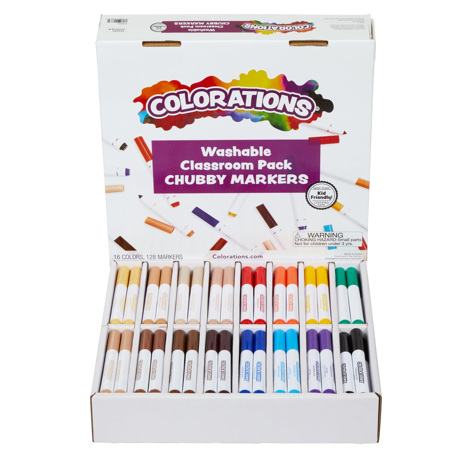 Colorations Washable Classroom Value Pack Chubby Markers - Set of 128, 16 Colors Colors, Non Toxic| Bulk School Supplies For Kids, Coloring Set,
