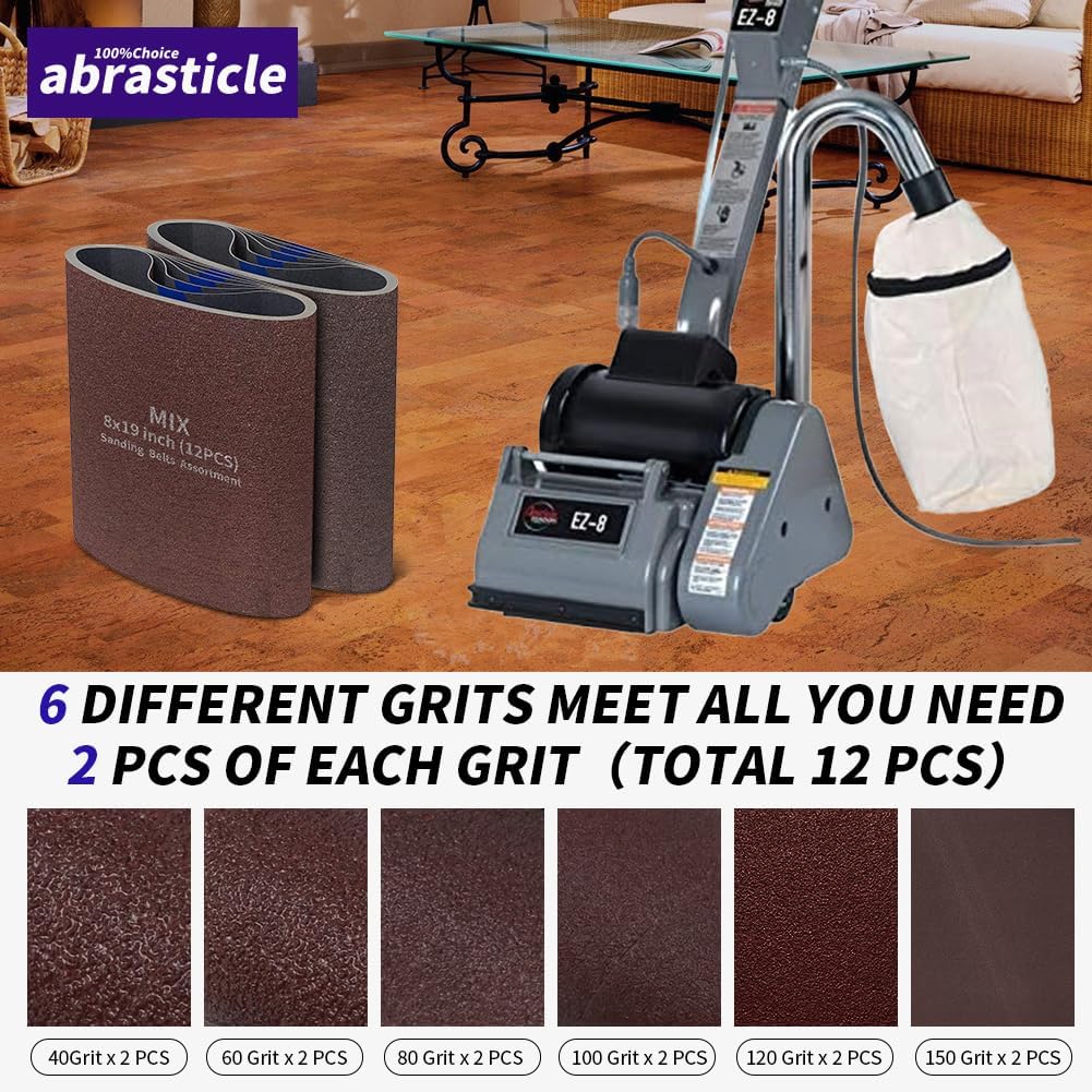 12 Packs 8 x 19 inch Cloth Floor Sanding Belts Ideal for Sanding Commercial and Residential Flooring - 2 Each of 40/60/80/100/120/150 Grits