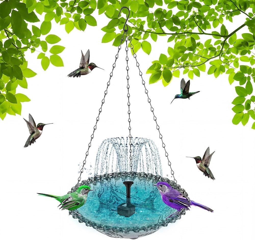 Solar Cascade Hanging Bird Bath Fountain, Hanging Bird Bath with Flowing Water, Powered Birdbath Water Fountain Pumps Dispenser Garden Gift Yard Patio Backyard Decoration (Blue)