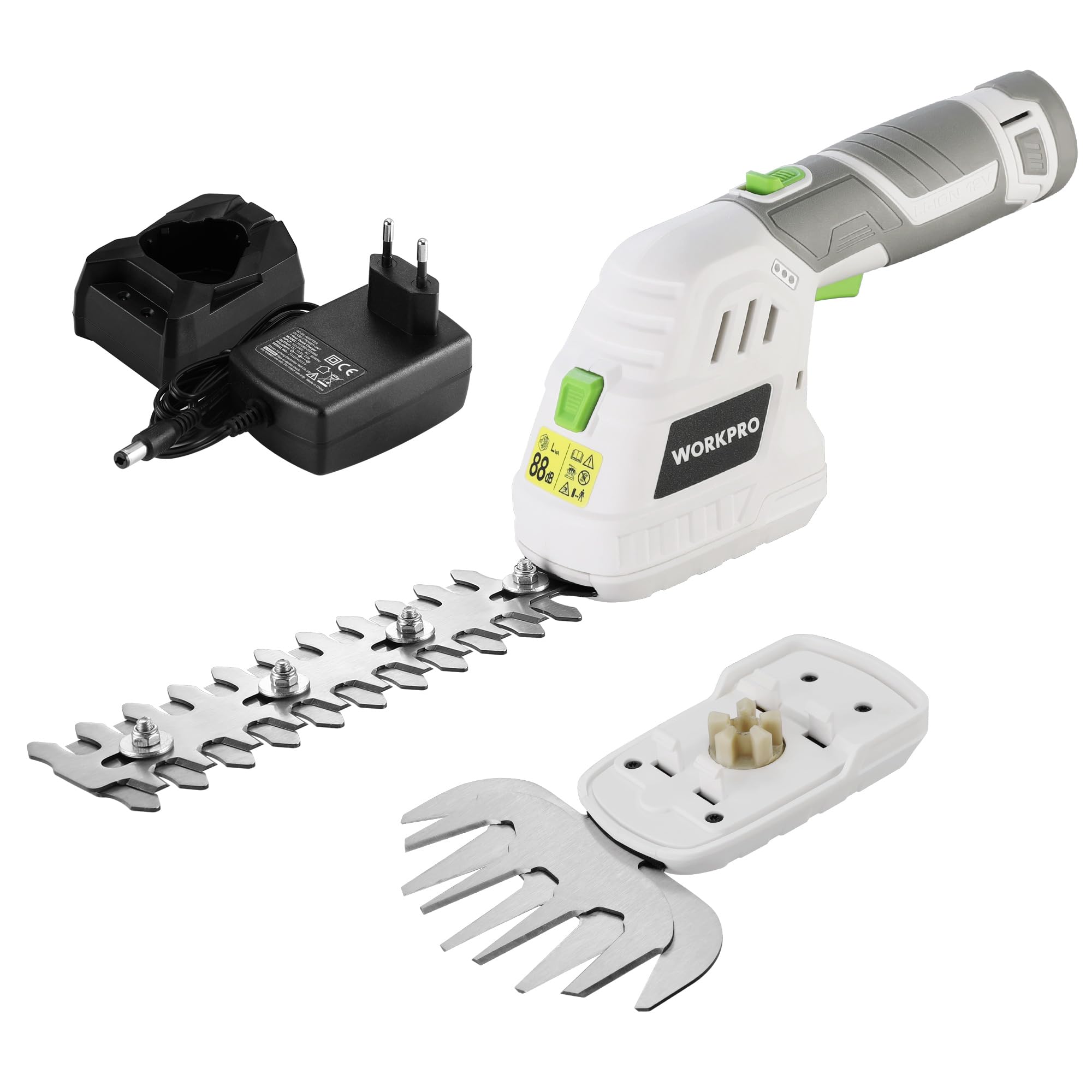 WORKPRO 12V Tijera Cortacésped y Arreglasetos 2 en 1, Cortasetos Eléctrico para Césped y Arbustos con 2 Cuchillas, Batería y Cargador, Tijeras Arreglaseto Ancho de Corte 12,5 cm Jardinería, Blanco