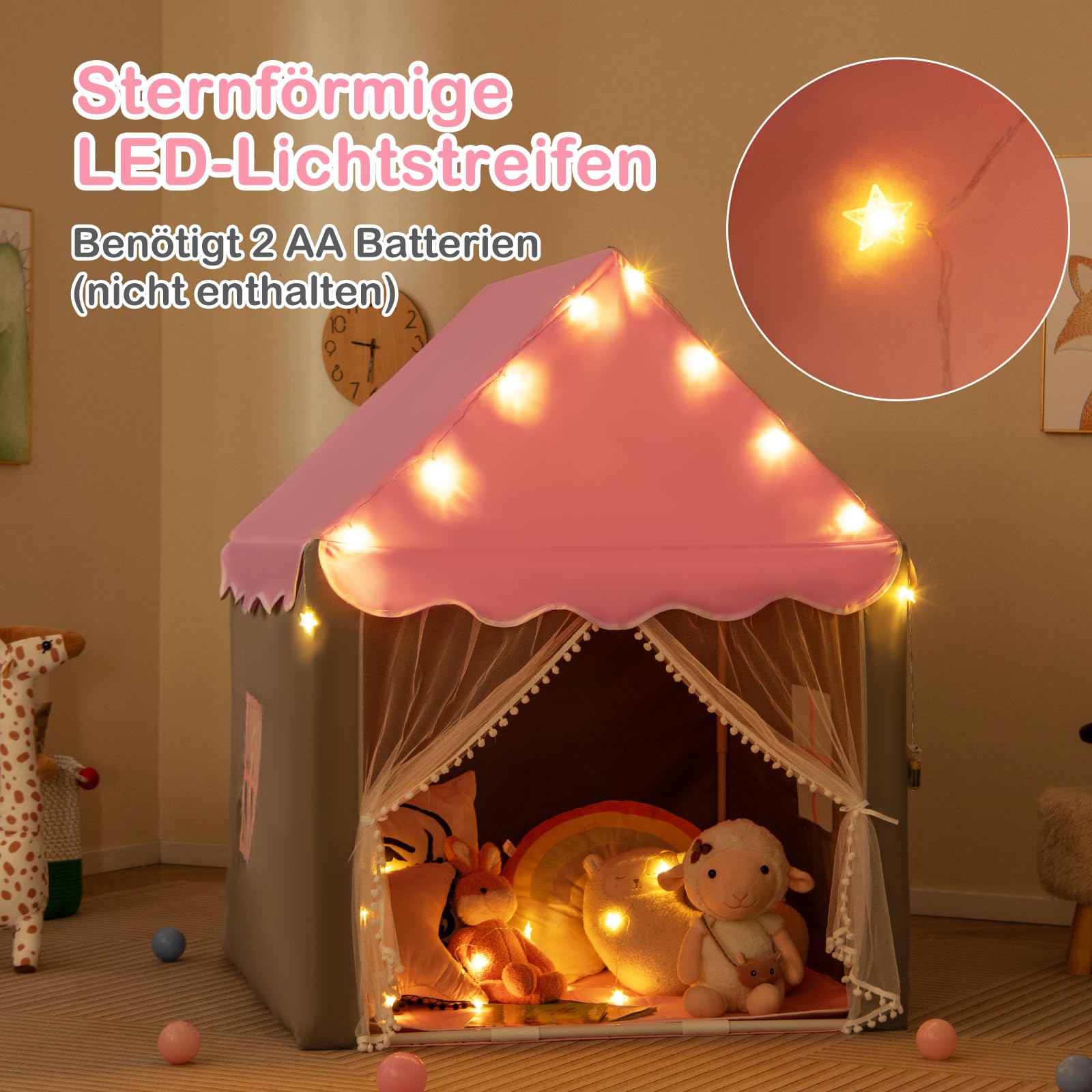 GOPLUS Kinderzelt, Spielzelt Kinder Indoor, Spielhaus mit Stern-Lichterkette, Matte, Gaze-Vorhänge & Fenstern, Spielhaus Klappzelt für Drinnen und Draußen, Geeignet für Kinder ab 3 Jahren (Pink)
