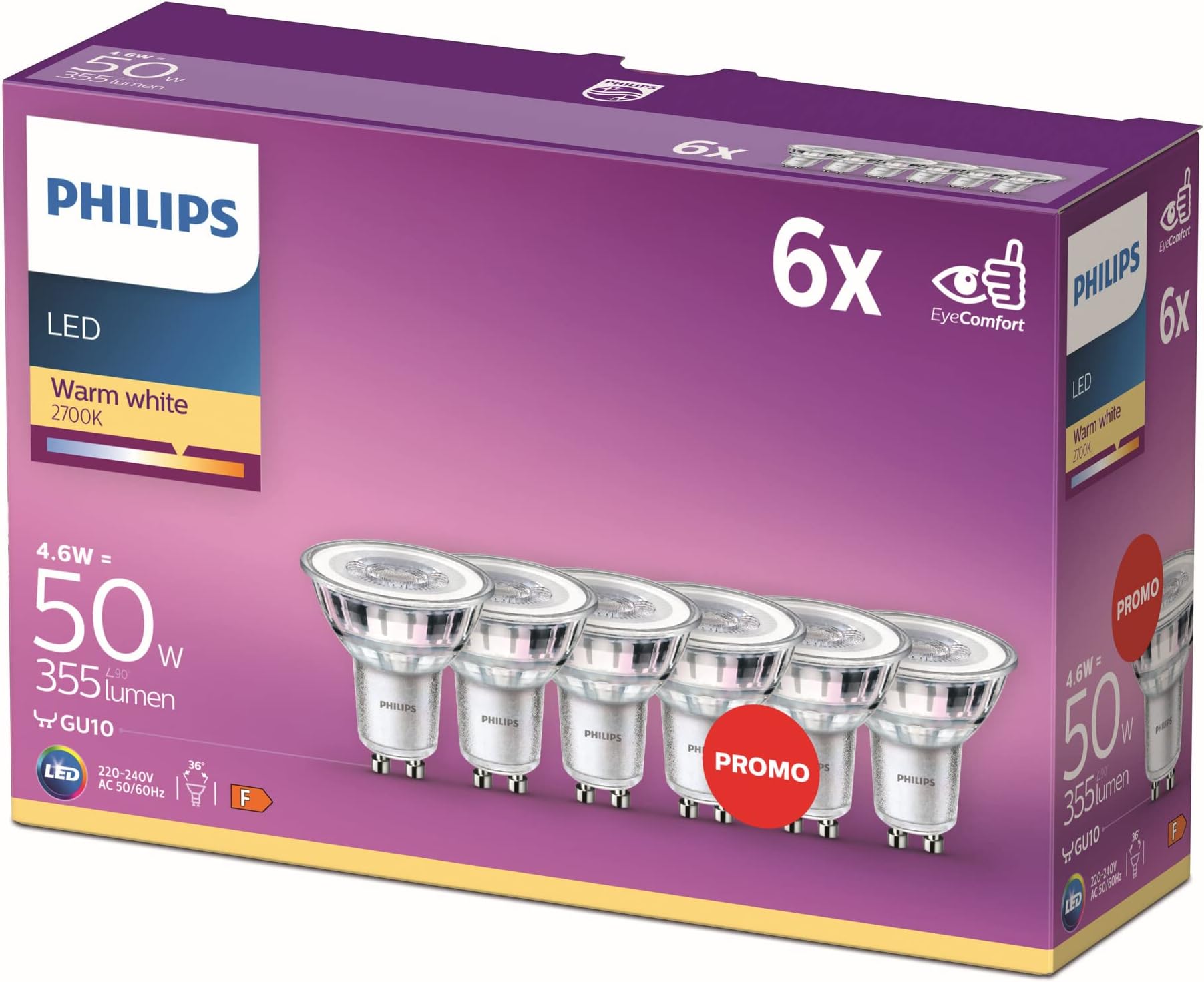 Philips LED Classic Light Bulb 6 Pack [GU10 Spot] 4.6 W - 50 W Equivalent, Warm White (2700K), Non Dimmable, Standard Range