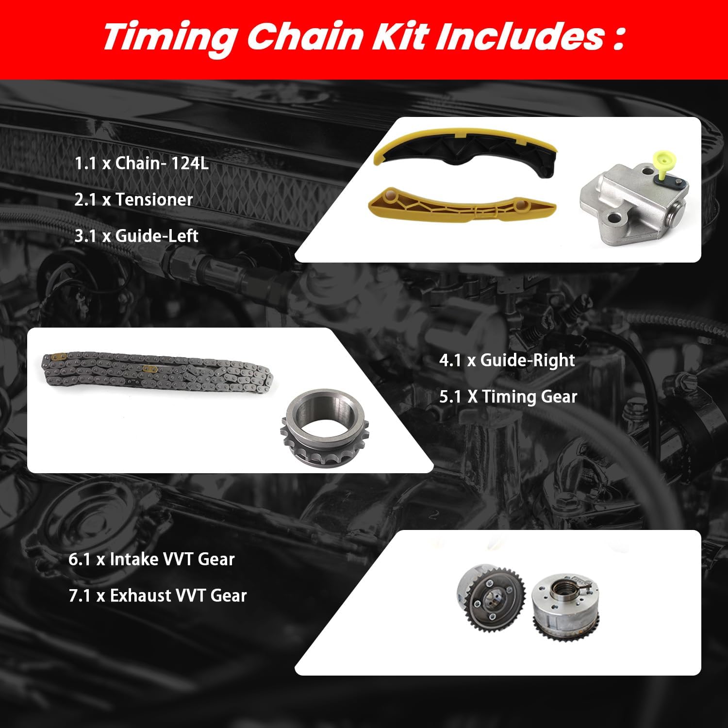 Timing Chain Kit with VVT Gear Repalce OE 24350-2B600 24370-2B610 24431-2B620 24420-2B611 for Kia Rio Soul Forte5 Optima 2012-2016 1.6L Engine,With 1-Year Warranty