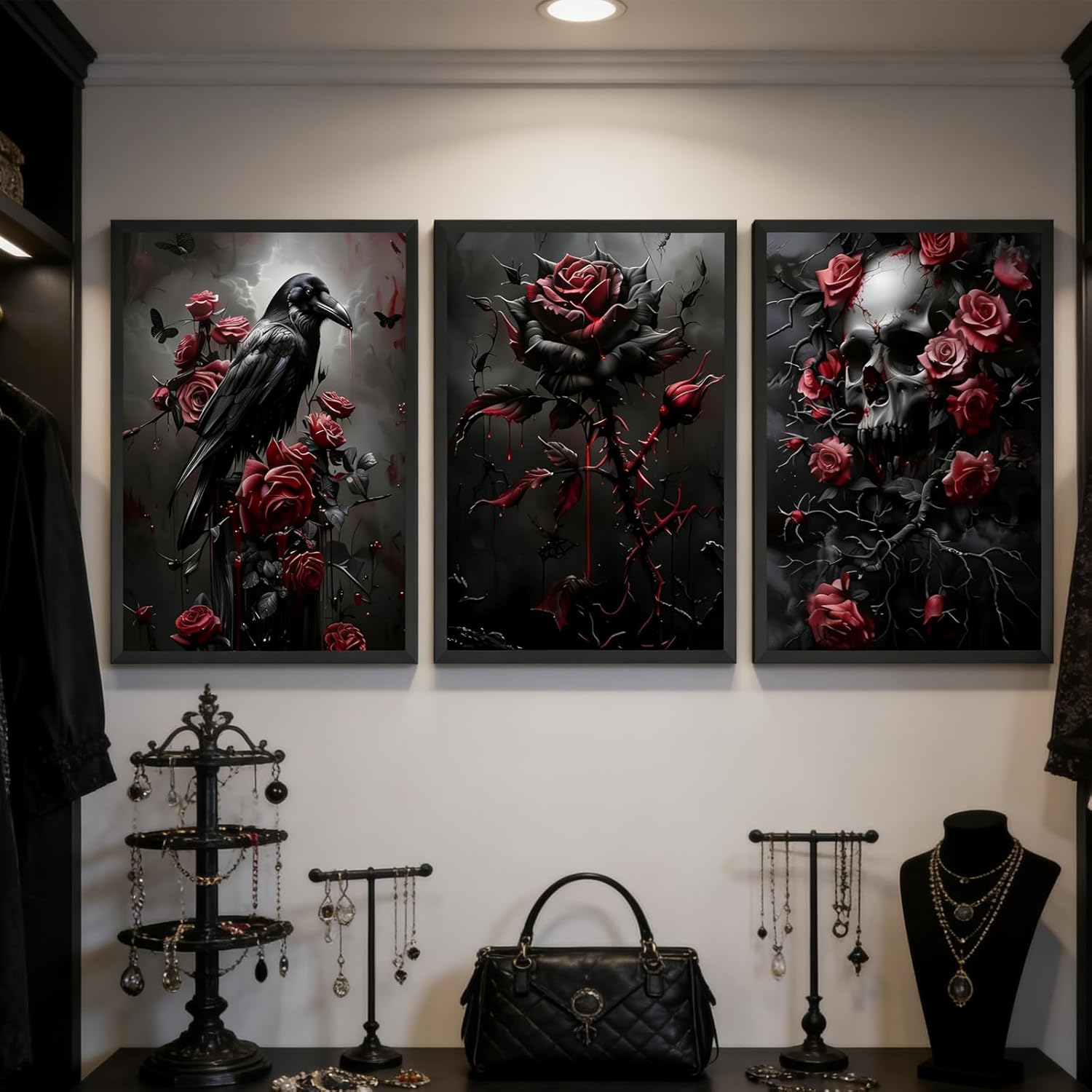 3Pcs Gothic Poster Wall Art Dark Academia Halloween Vintage Painting Picture Wall Decor Horror Atmosphere Black Red Rose Flower Crow Skull Canvas Print Artwork for Living Room Bathroom Home Decoration
