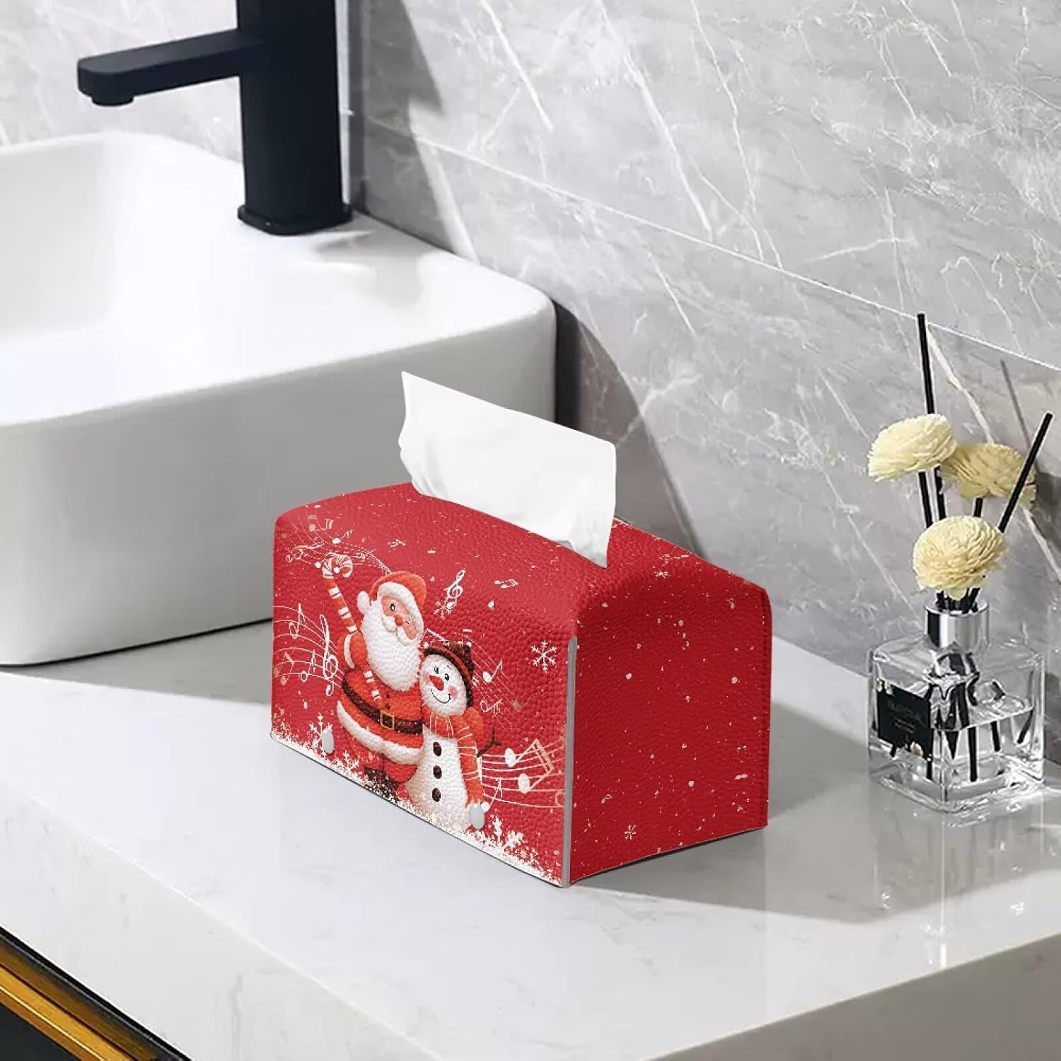 Christmas Tissue Box Cover 9x5x5 Inch Snowman Santa Music Pattern Cube Tissue Box Holder for Car Large Capacity Design Soft PU Leather Tissue Cover Box for Bedroom Dresser image 4