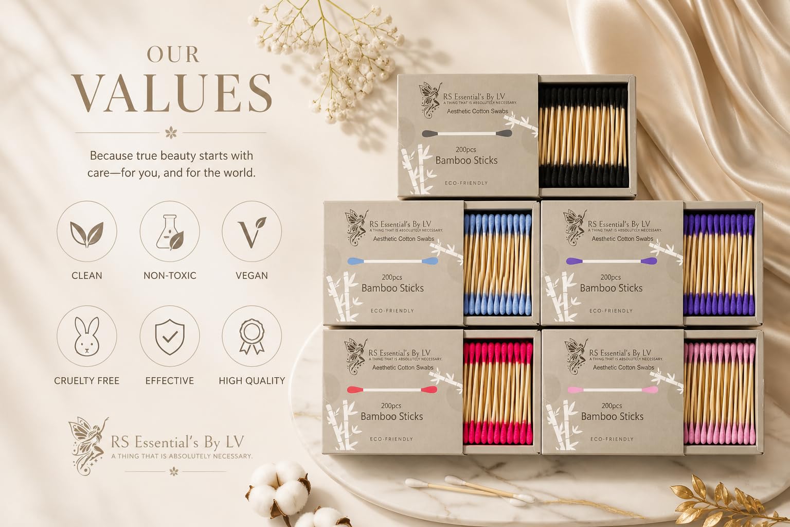 RS ESSENTIAL'S BY LV: Ästhetische Wattestäbchen, Ohrenstäbchen, Bambusstäbchen, 200 Wattestäbchen in 5 bunten Farben, Rosa