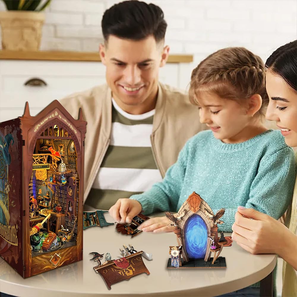 Magiczny zestaw zakątek książki z różdżką, drewniane puzzle 3D, domek dla lalek, kreatywny zestaw regałów na książki, dekoracja dla dorosłych, nastolatków, Magic Academy (SQ-38)