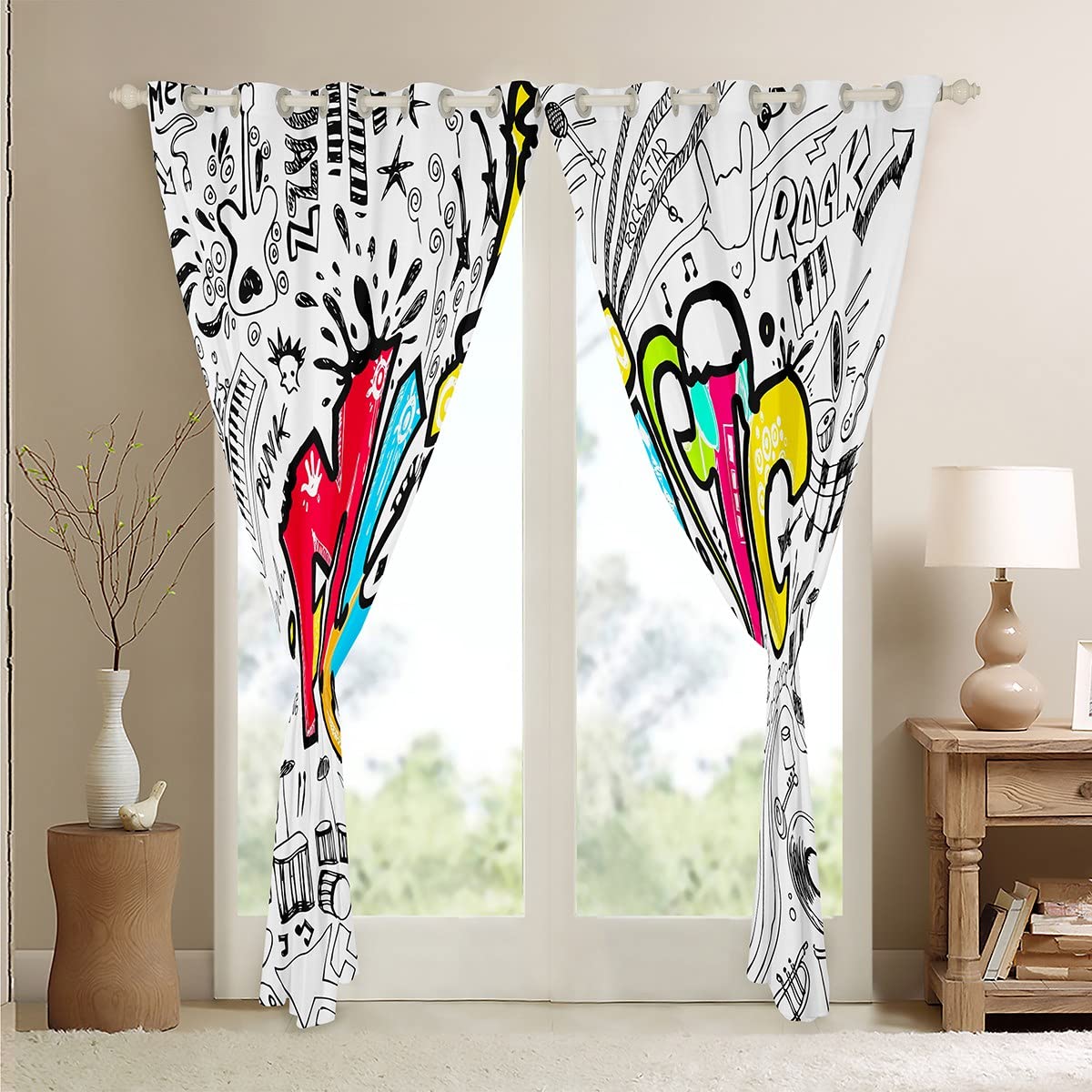 Hippie Graffiti Tende per camera da letto Soggiorno per bambini Ragazzi Ragazze Hip Hop Musica Oscuramento Tende a tema musicale Grunge Art Finestra Trattamenti W52* L90