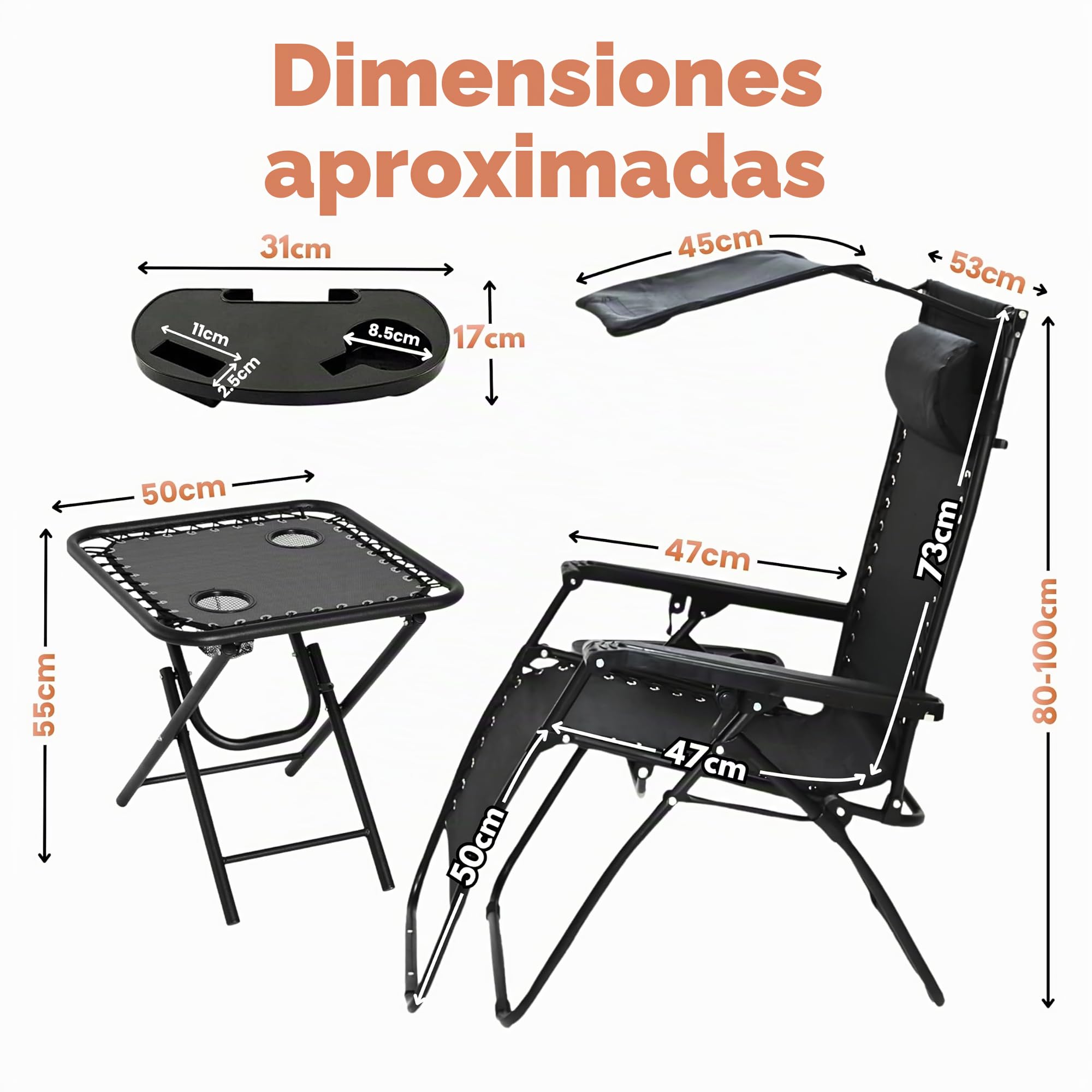 Garden Mile Juego de 2 tumbonas Negras de Gravedad Cero para el Sol, 2 Unidades, sillas de salón textoline, Muebles de jardín para Exteriores, Asientos Interiores, tumbonas, reclinables