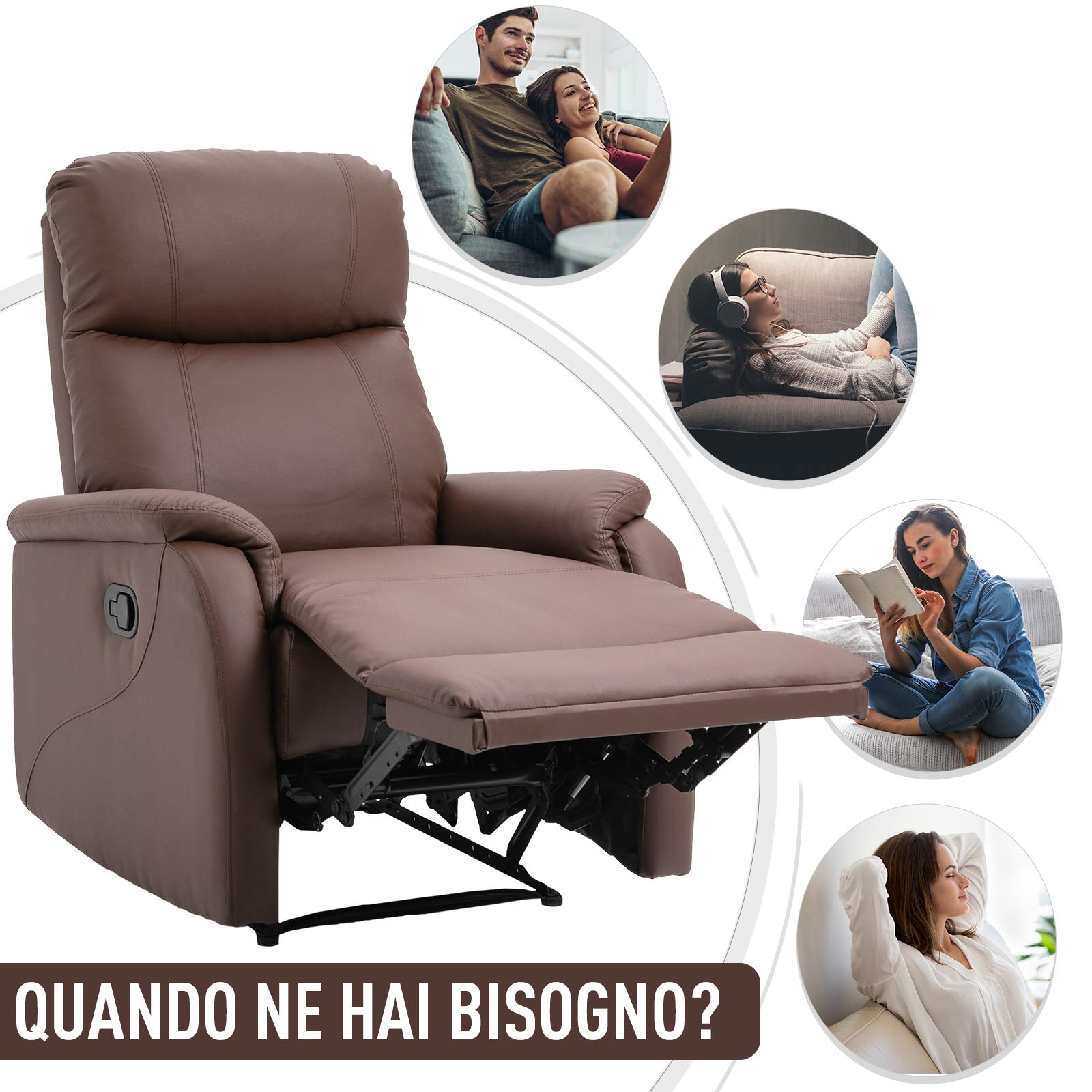 HOMCOM Poltrona Relax Manuale con Schienale Reclinabile 145° e Poggiapiedi in Pelle PU Marrone, 76x91x106cm