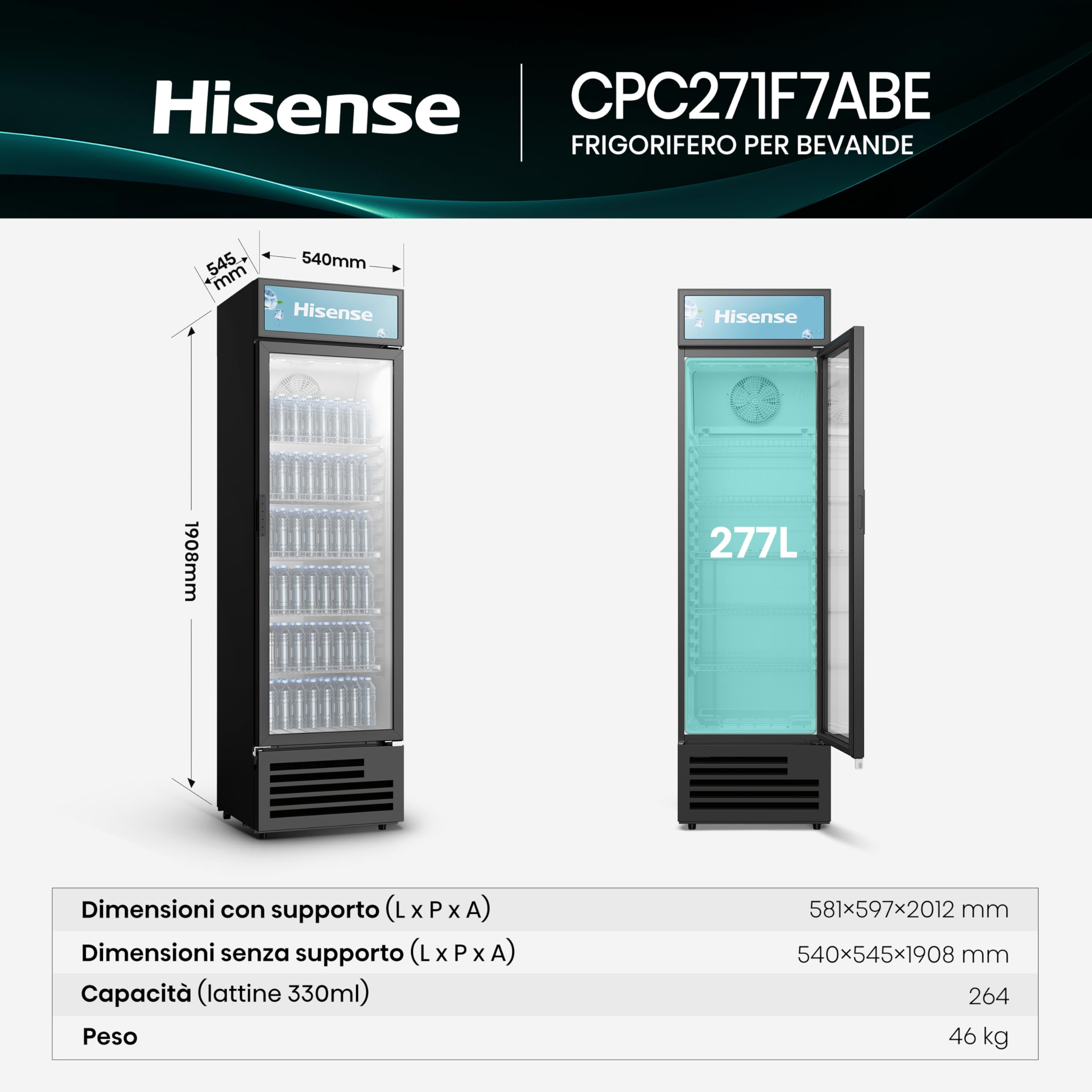 Hisense CPC271F7ABE Frigorifero commerciale bevande, 251 litri, Illuminazione interna LED, Display Personalizzabile, Ripiani Regolabili, Sistema di Autoevaporazione, Serratura, Classe E, Nero
