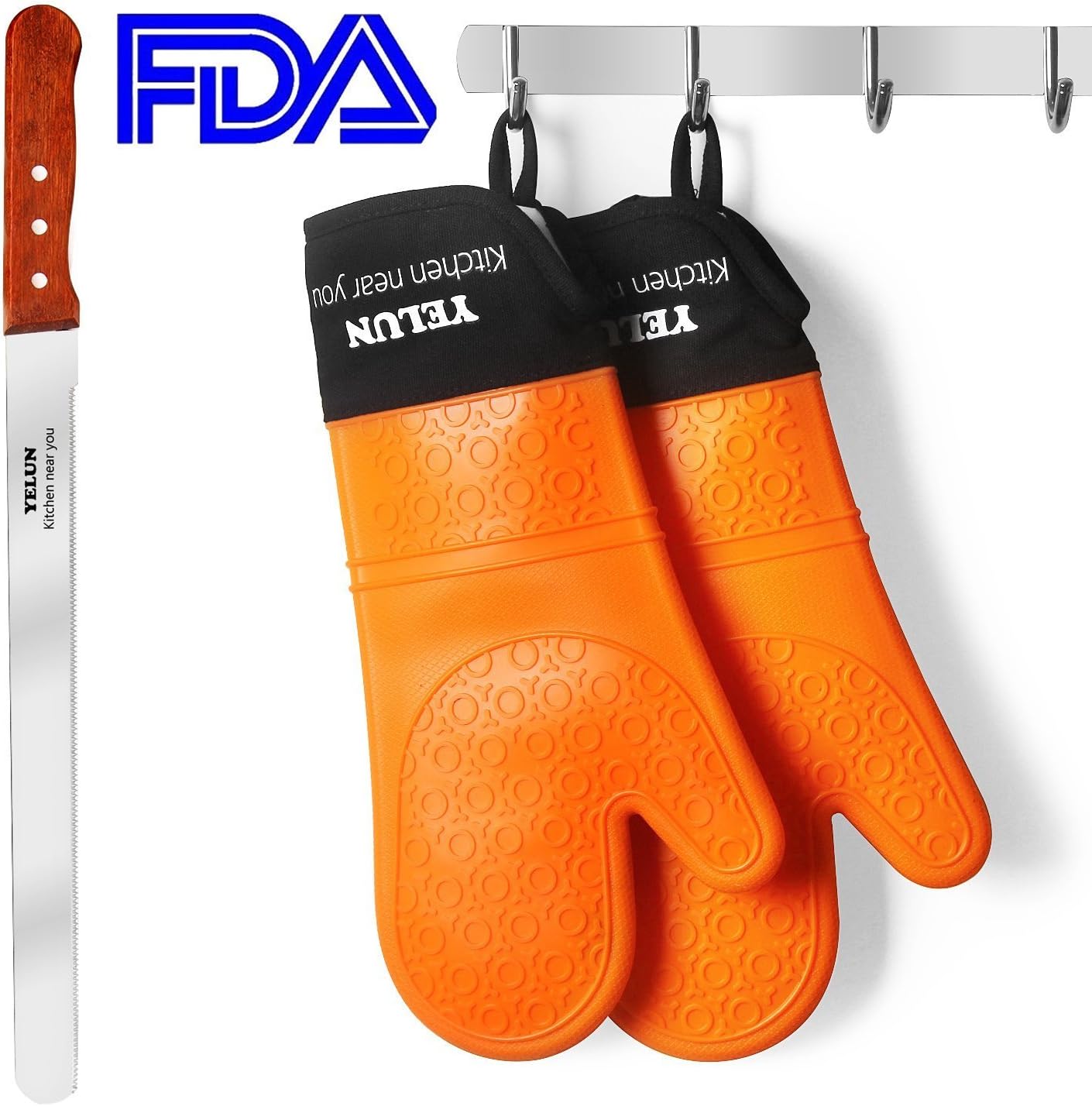 Yelun BBQ Grill Gloves - Extra Long Quilted Cotton Lining - Silicone Heat Resistant Cooking Kitchen Pot Holders and Oven Mitts - Insulated & Waterproof - Orange - Set of 2