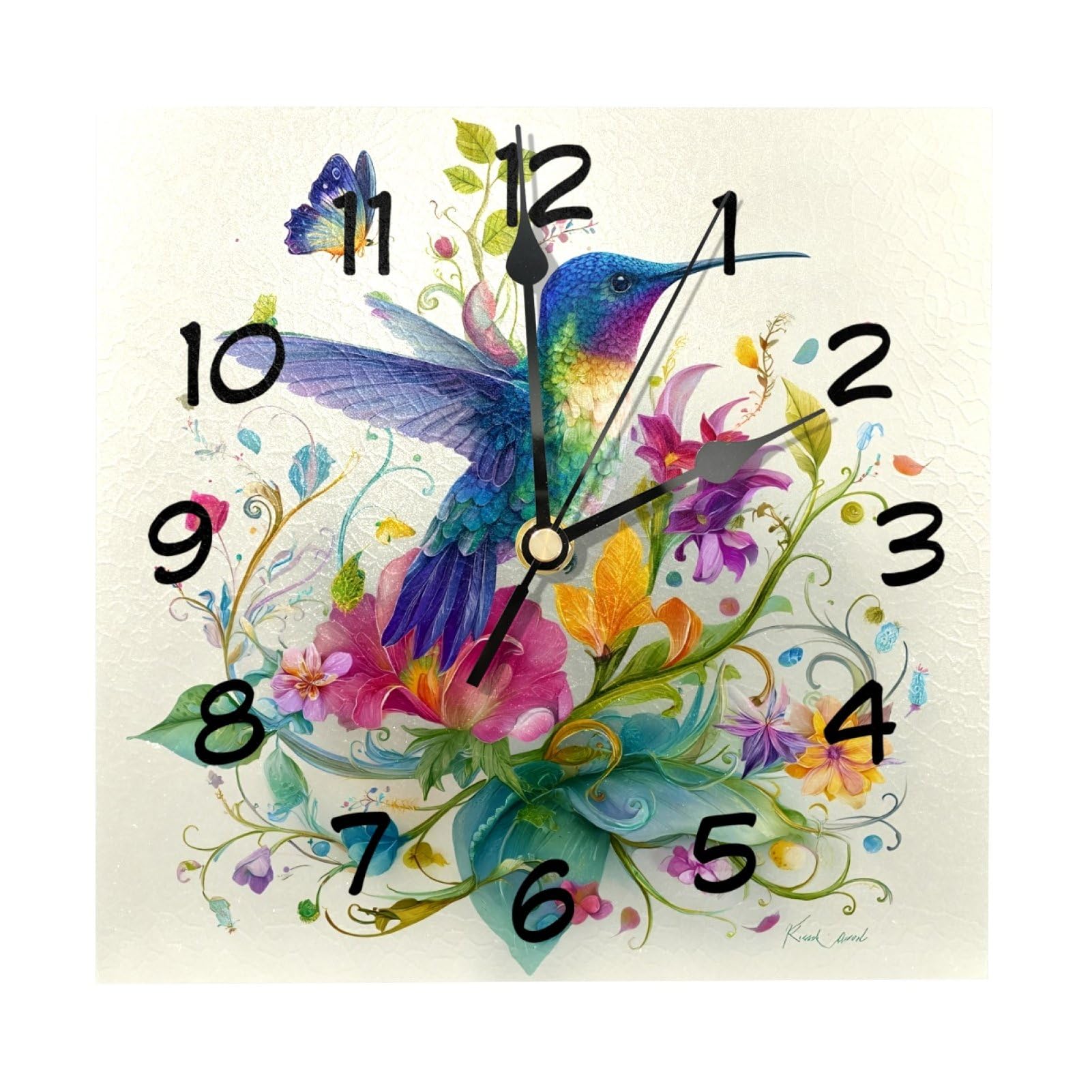 etoenbrc 8 Inch Square Wall Clock Silent Non-Ticking Flowers Hummingbird Butterfly Clock Battery Operated, Wooden Clock Decorative for Kitchen, Living Room Bedroom Office