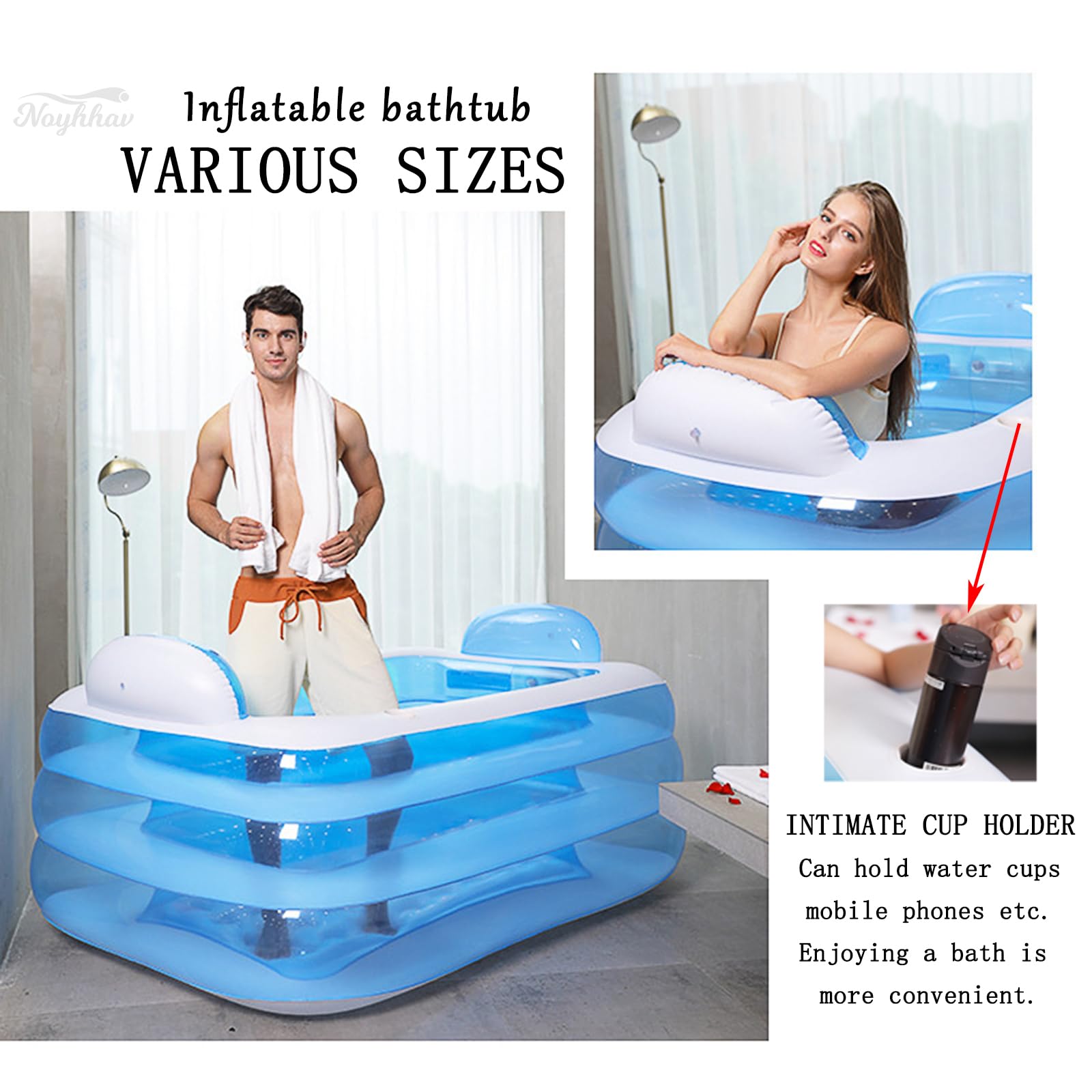 Vasca da Bagno Termale Gonfiabile Vasca per Adulti Hickened Barilotto del Bagno della Spiaggia Vasca da Bagno Doppia PVC+ Pompa del Piede NOYHHAV (170 * 130 * 60CM, Blu)