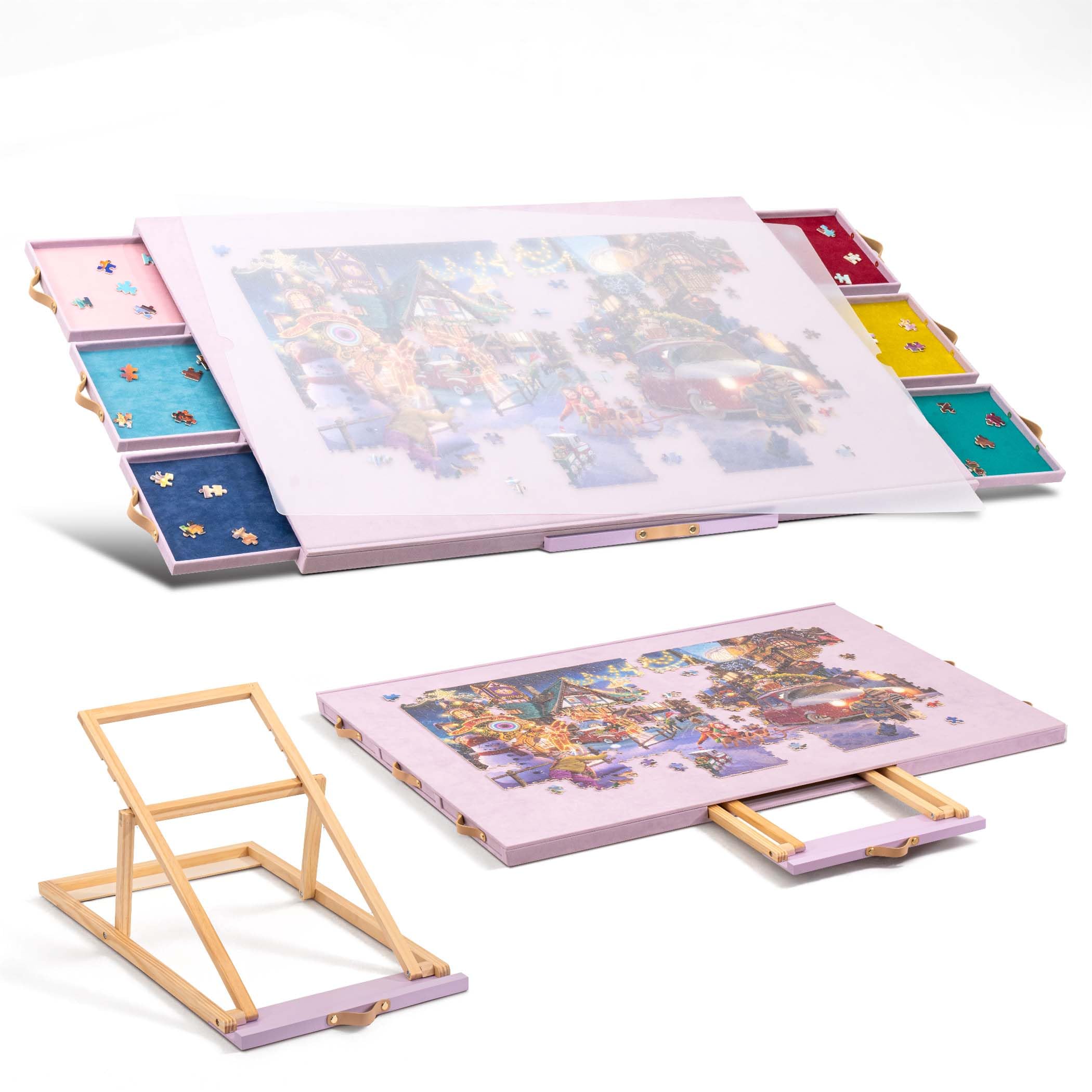 Tektalk Flanellstoff-bedeckter Puzzle-Tisch mit integriertem verstellbarem Ständer und Abdeckung, tragbare Puzzle-Platte mit 6 Sortierschubladen, für bis zu 1500 Teile – lila