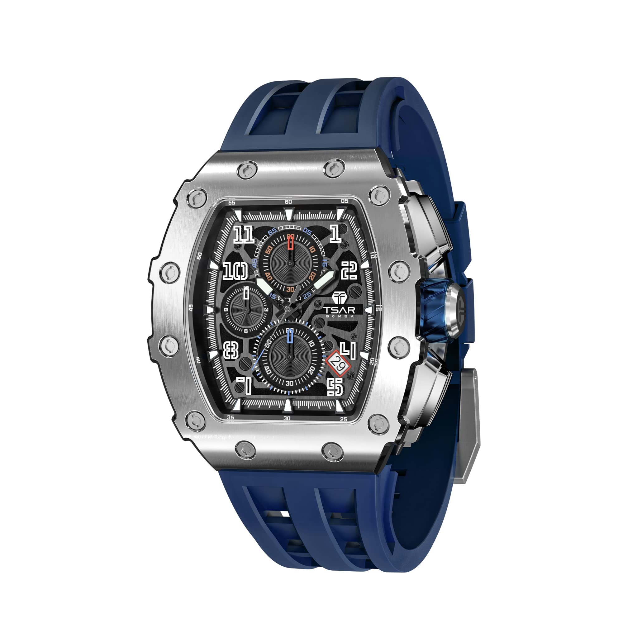 TSAR BOMBA Mens Luxury Watch Watches for Men 50M Waterproof Japanese Quartz Movement Tonneau Stainless Steel Case Sapphire Glass with Chronograph Date Function Cool Unique Fashion Gift Watch