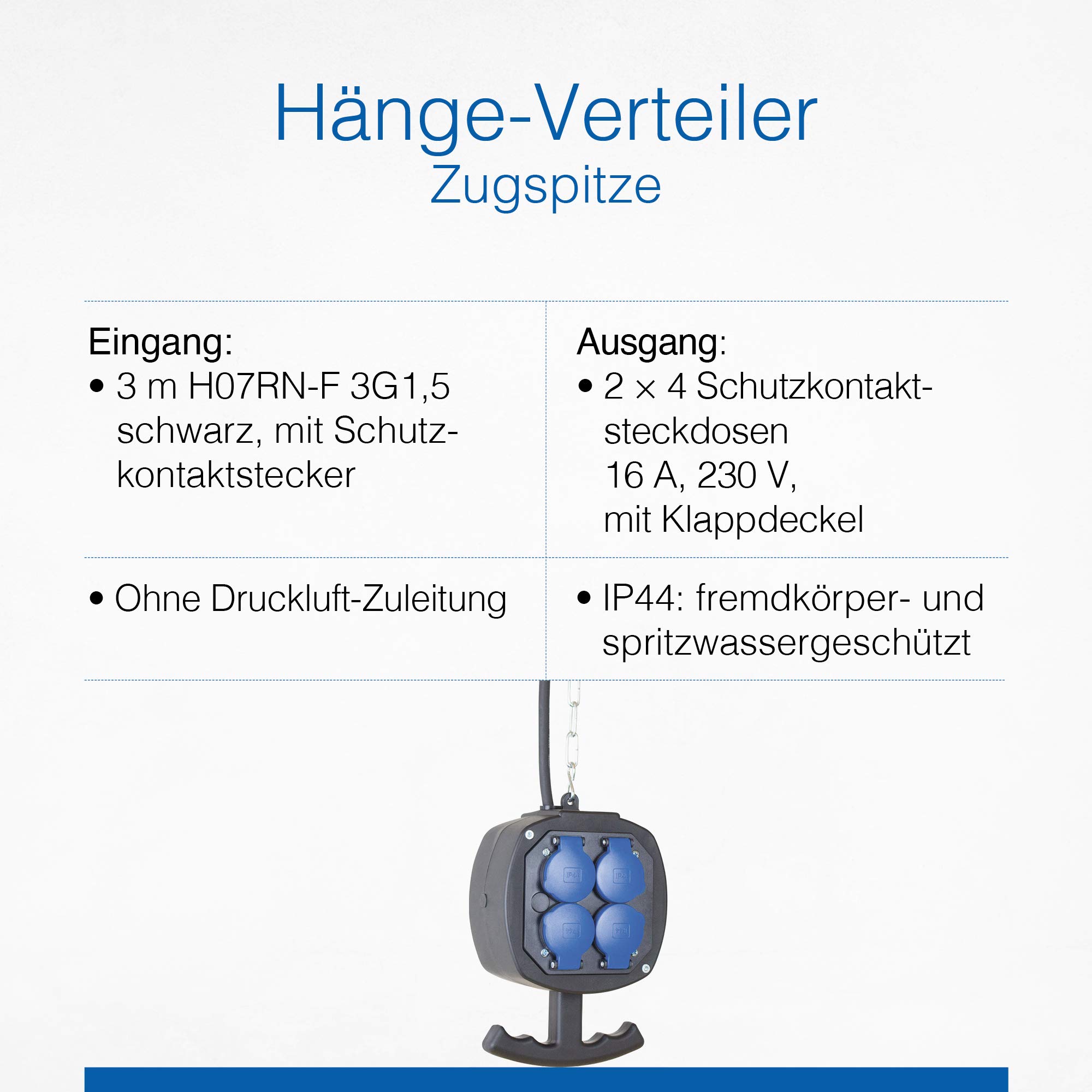 as - Schwabe Hängeverteiler Zugspitze – Stromverteiler mit 3 m Anschlusskabel & Gliederkette – 2x4 Schutzkontaktsteckdosen mit Klappdeckel & Schutzkontaktstecker 230 V / 16 A – IP44 – Schwarz I 60973