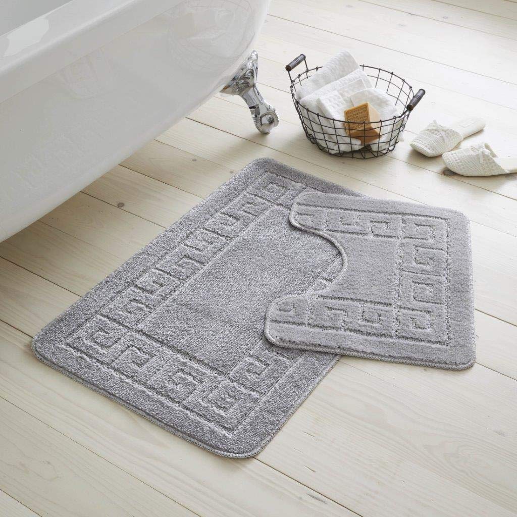 unifun SELECT-ED® GREEK Bath mat Set 2 pc Non Slip Rubber Pedestal mat Toilet Bathroom Greek Rug (Silver)