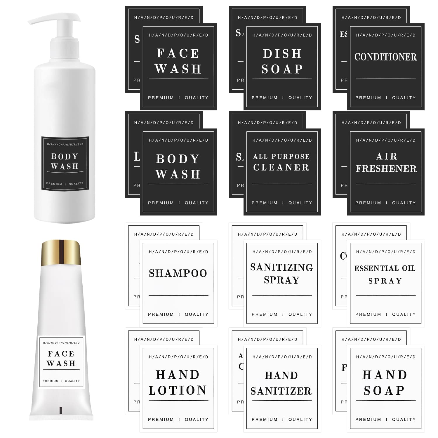 Etiketten zur Aufbewahrung, 24 Stück, wasserdicht, abnehmbare Aufbewahrungsetiketten für Lotion, Seife, Shampoo, Körperwaschflaschen usw. (schwarz und 