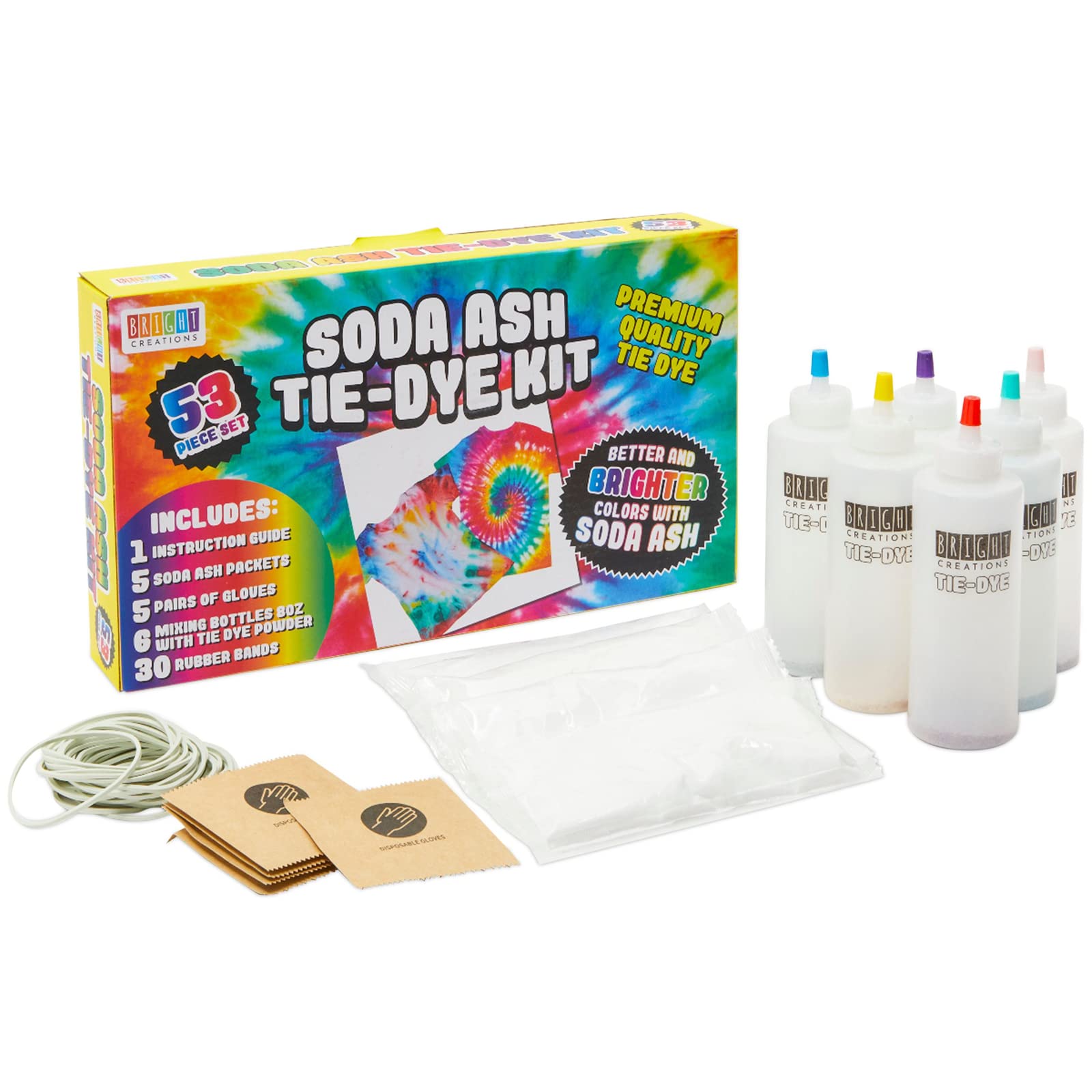 Bright Creations Soda Ash Tie Dye Kit with 6 Tie Dye Colors, Rubber Bands, Gloves, Mixing Bottles (53 Piece Set) - Image 8