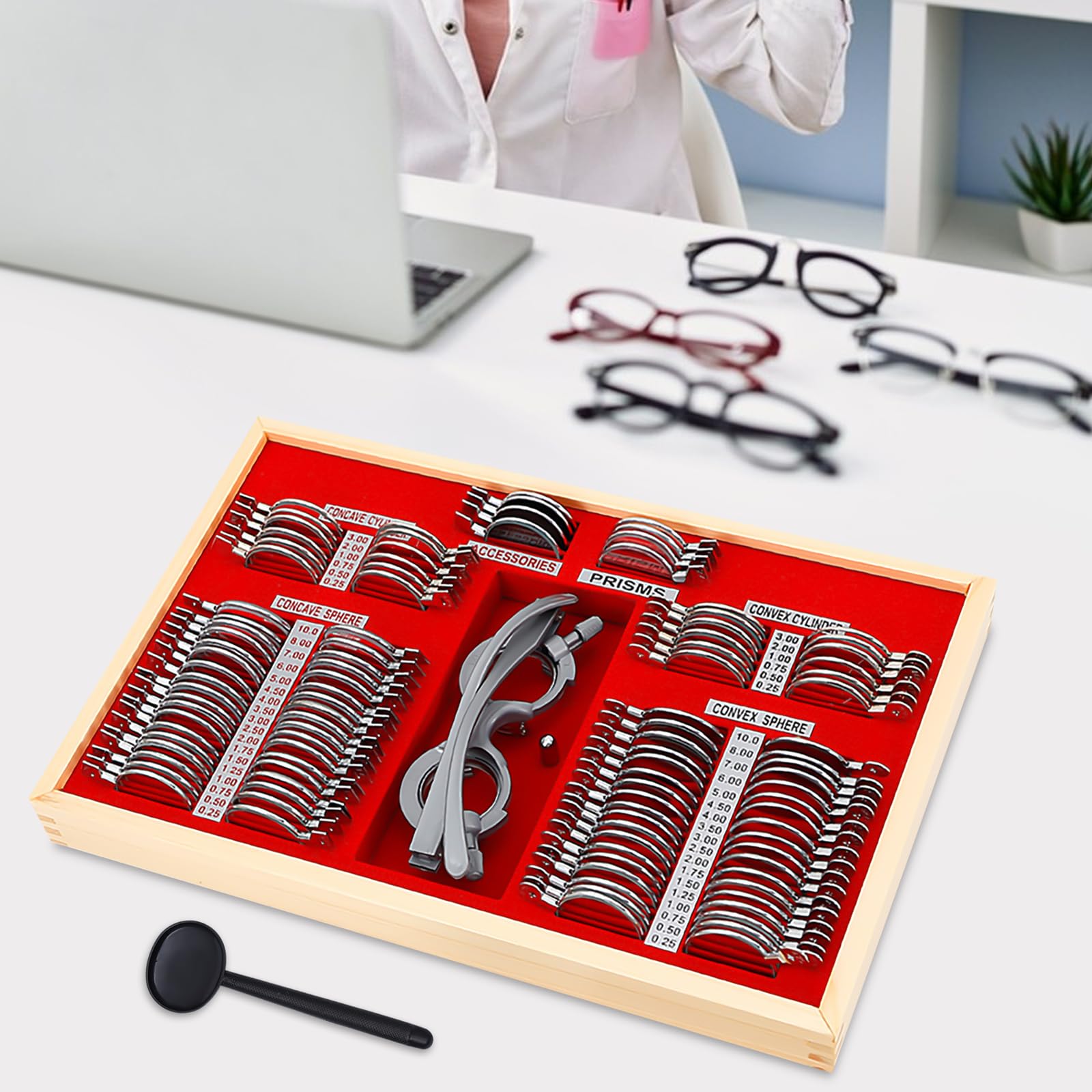 Trial Lens - Set di lenti di prova, 104 pezzi, lenti con occhiali di prova, in metallo, ottometria, lenti di prova, lenti ottiche, con telaio ottometrico e valigetta ottometrica
