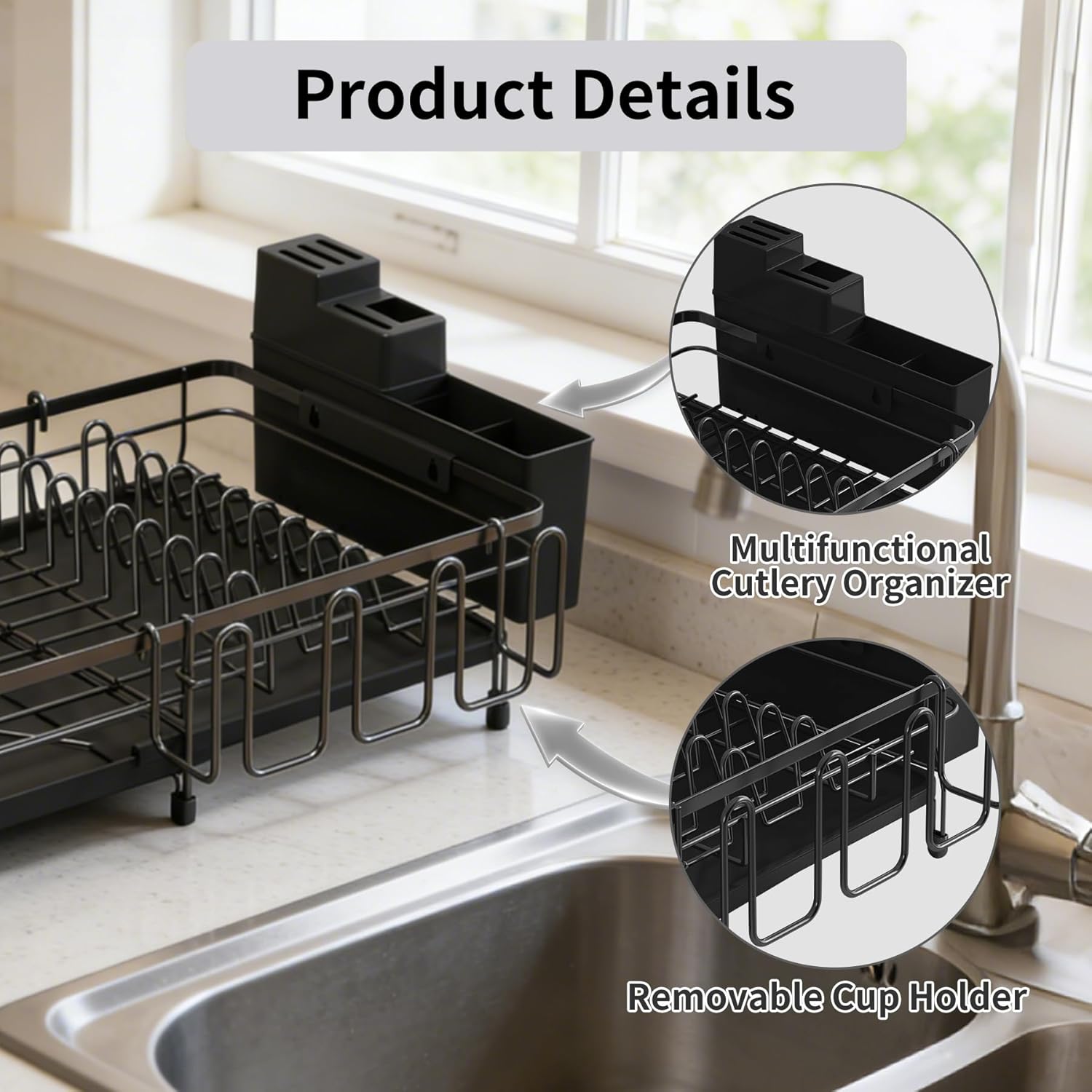 Foldable Dish Drying Rack for Kitchen Counter, Drying Rack Kitchen Counter, Sink Dish Drainer with Plate Holder, Small Kitchen Dish Strainer & Dish Dryer Organizer, Adjustable 13.7"-22.83"