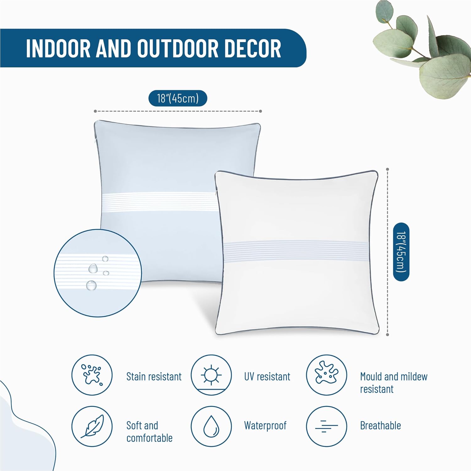 Outdoor Waterproof Pillow Covers – Decorative Stripe Cushion Cover in Light Blue & White for Patio, Garden and Balcony – 45×45 cm - 18x18 in