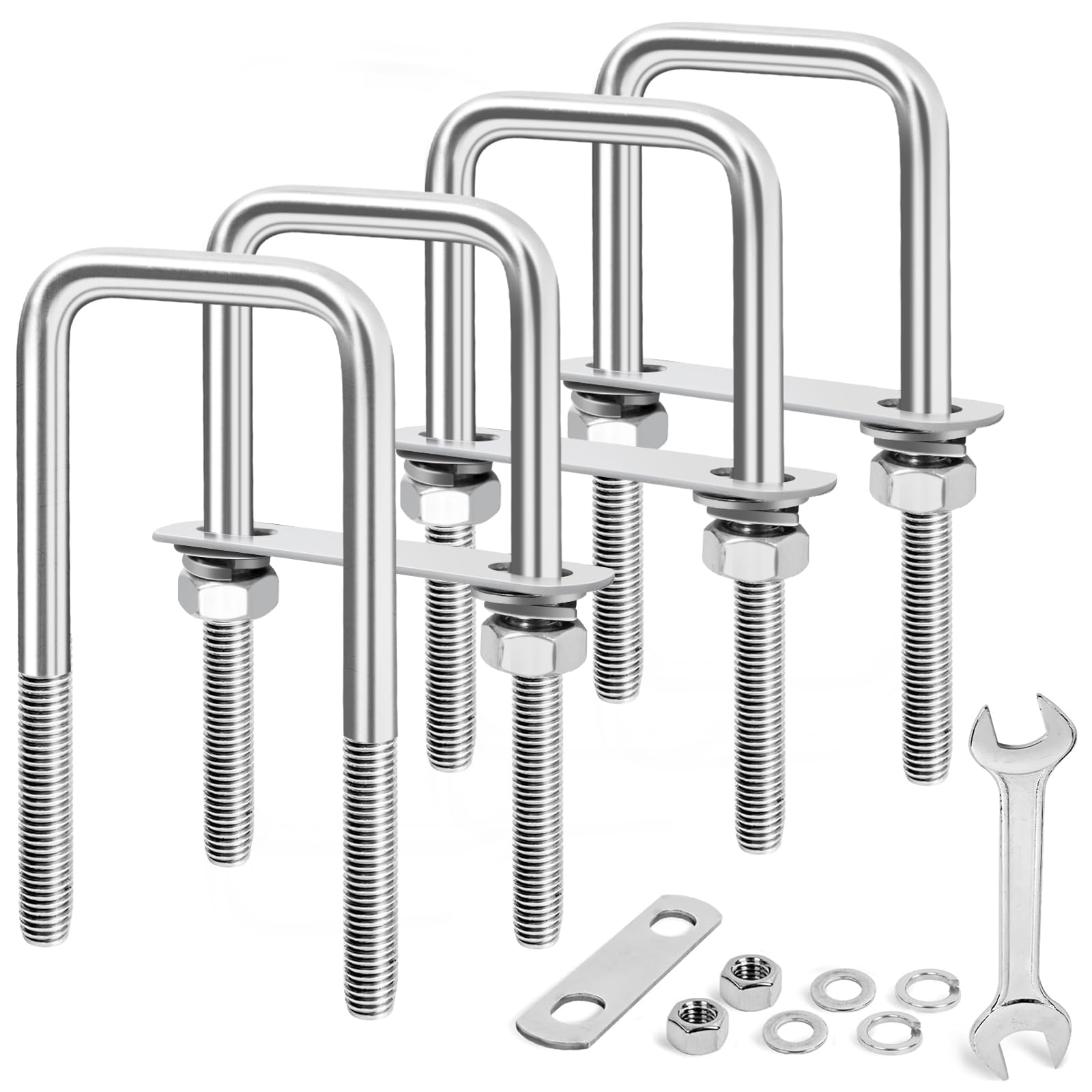 Photo 1 of XIANGZI M10 Square U-Bolts 2 inch Wide 4 Sets 304 Stainless Steel Trailer U Bolts Clamp Include Wrench (M10x2-1/16 Wx 4-1/2"L)