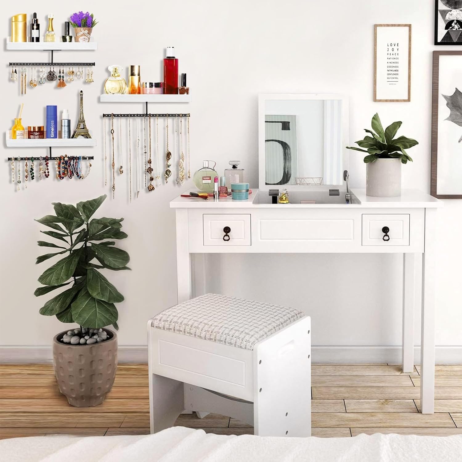 Porte Bijoux Murale, Rangement Bijoux et Etagere Murale Bois 2 en 1, Presentoir Bijoux Mural de Rangementen Maximal 20Kg, Arbre a Bijoux pour Collier, Anneau, des Boucles d'oreilles Montre