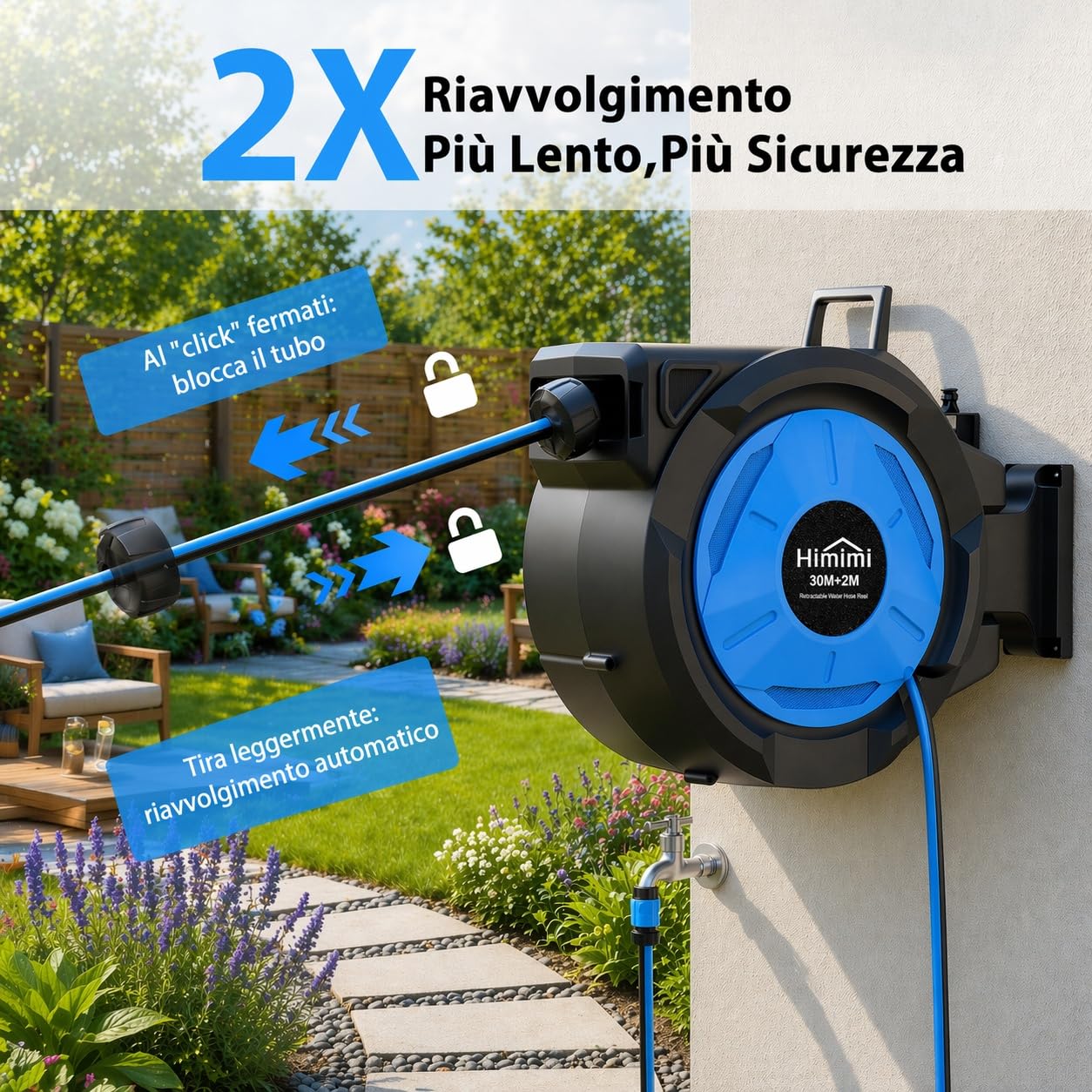 Himimi Avvolgitubo da Giardino Retrattile da Parete 30 m + 2 m, 1/2", Avvolgitubo Automatico con Rientro Lento, Blocco a Qualsiasi Lunghezza, Supporto Girevole 180°, Resistente ai Raggi UV e al Gelo