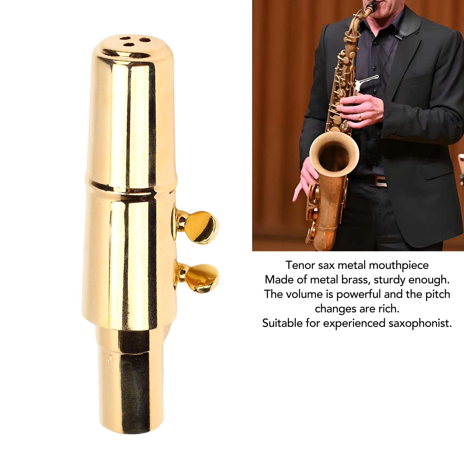 Bocchino Sassofono Tenore, Bocchino di Sax BB di Ottone Professionale con Tappo per Jazz e Classico - Apertura #5 per Principianti e Giocatori Avanzati