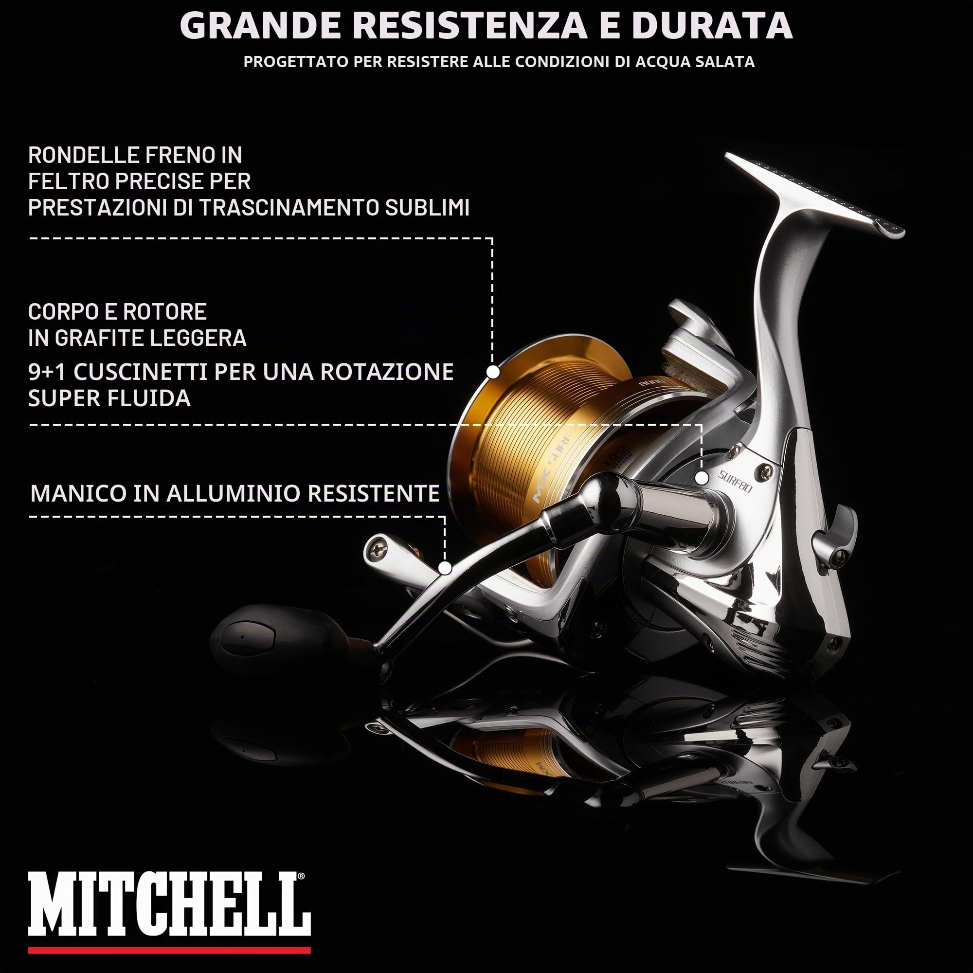 Mitchell Mulinello MX Surf per pesca in acqua salata, leggero e resistente, con rotazione fluida, 10 cuscinetti per surf, spiaggia, barca, riva, jigging, e uso a tutto tondo