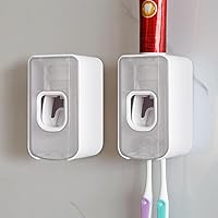 Vista 19 de Soporte para cepillos de dientes con 2 ranuras y dispensador de pasta de dientes montado en la pared, exprimidor automático de pasta de dientes