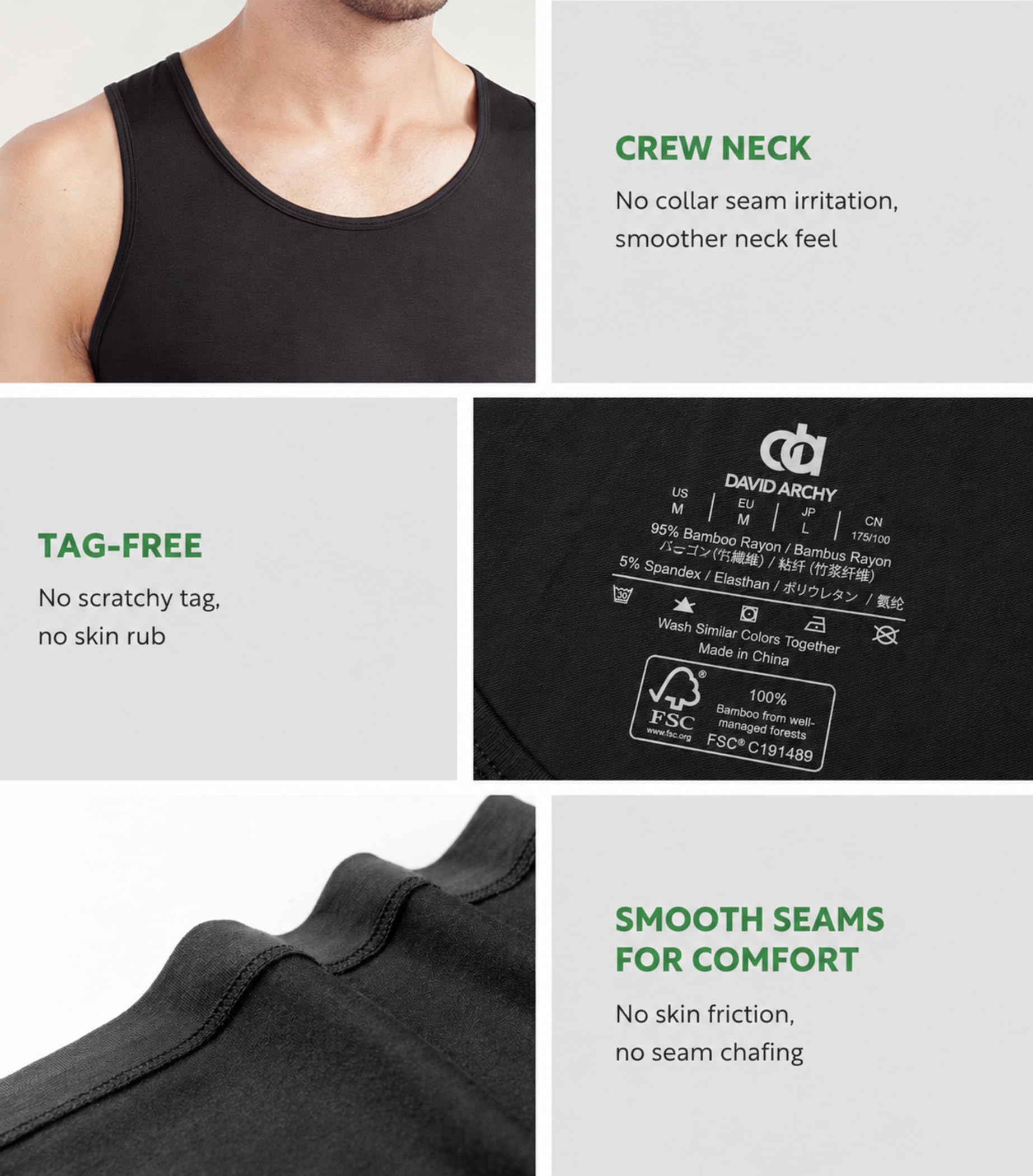 DA Men's 3 Pack Bamboo Fiber V-Neck Tank Tops | Fresco, leggero, elastico, traspirante, girocollo o scollo a V, liscio sotto camicie per lavoro e uso quotidiano