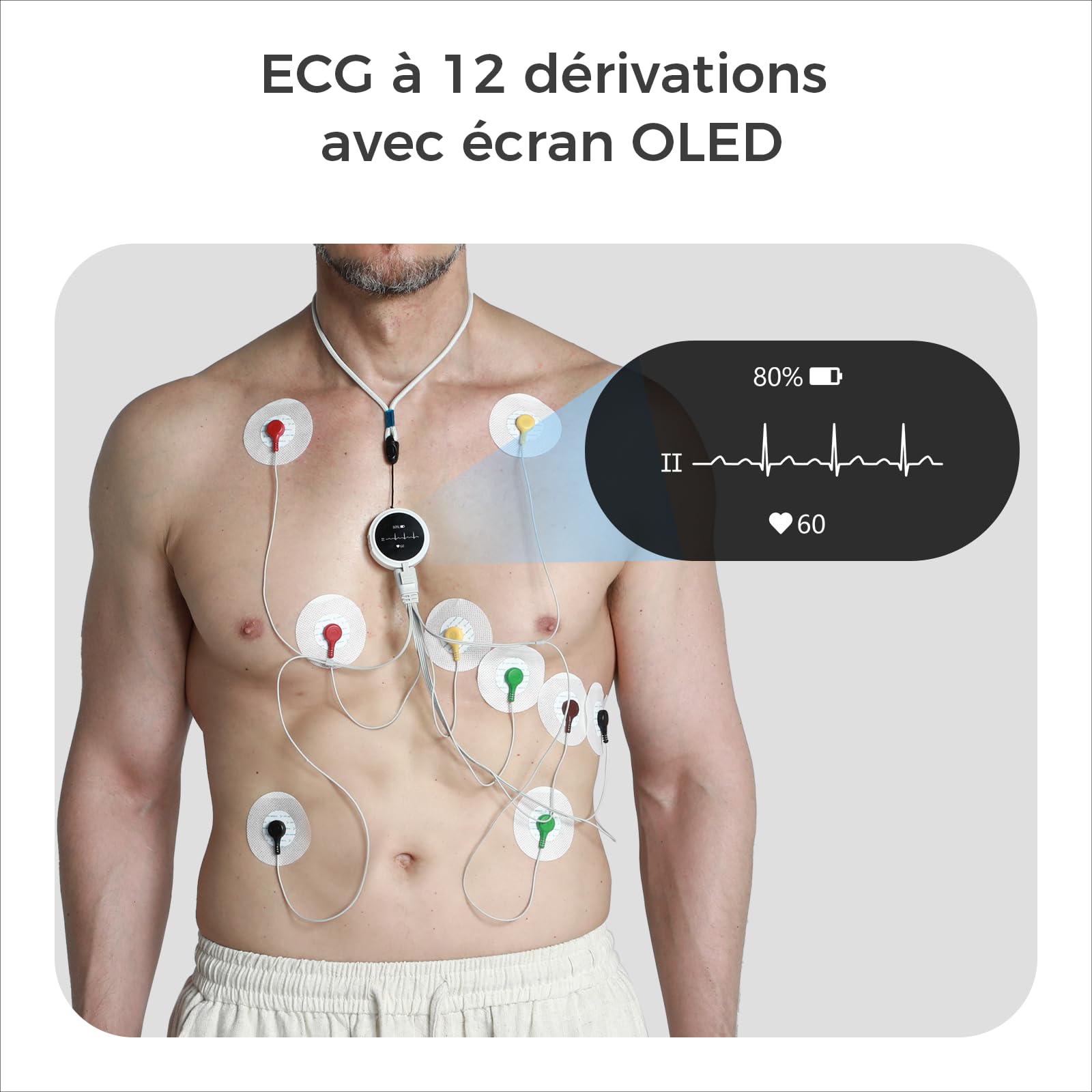 Wellue LP12 ECG portable 12 dérivations avec écran OLED, enregistrement de l'ECG en temps réel sur 24 heures, rapports AI ECG détaillés, marqueurs d'événements, Support pour Smartphone APP et PC