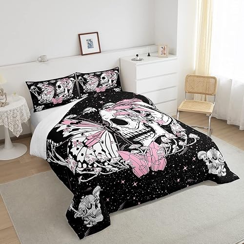 Miniatura 4 de Juego de edredón de calavera y mariposa, tamaño individual, edredón acolchado con hongos rosados, gótico, galaxia, estrellado, luna, juego de ropa