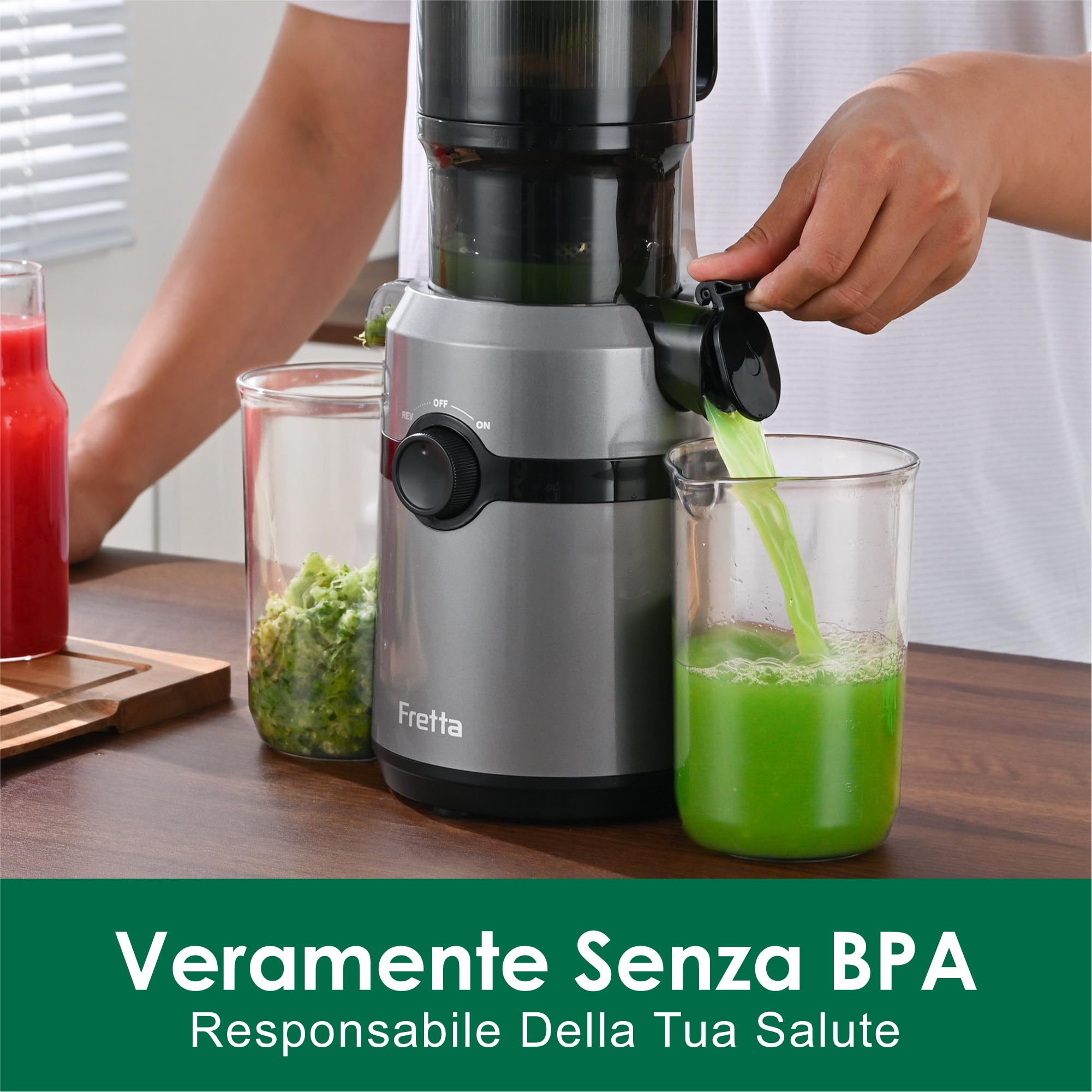 Fretta Estrattore Frutta e Verdura, Apertura Larga da 108mm Adatta a Frutta e Verdure, 1L Capacità, 200W Centrifuga Lenta, 99% Nutrienti Preservati, BPA Free, Facile da Smontare e Pulire